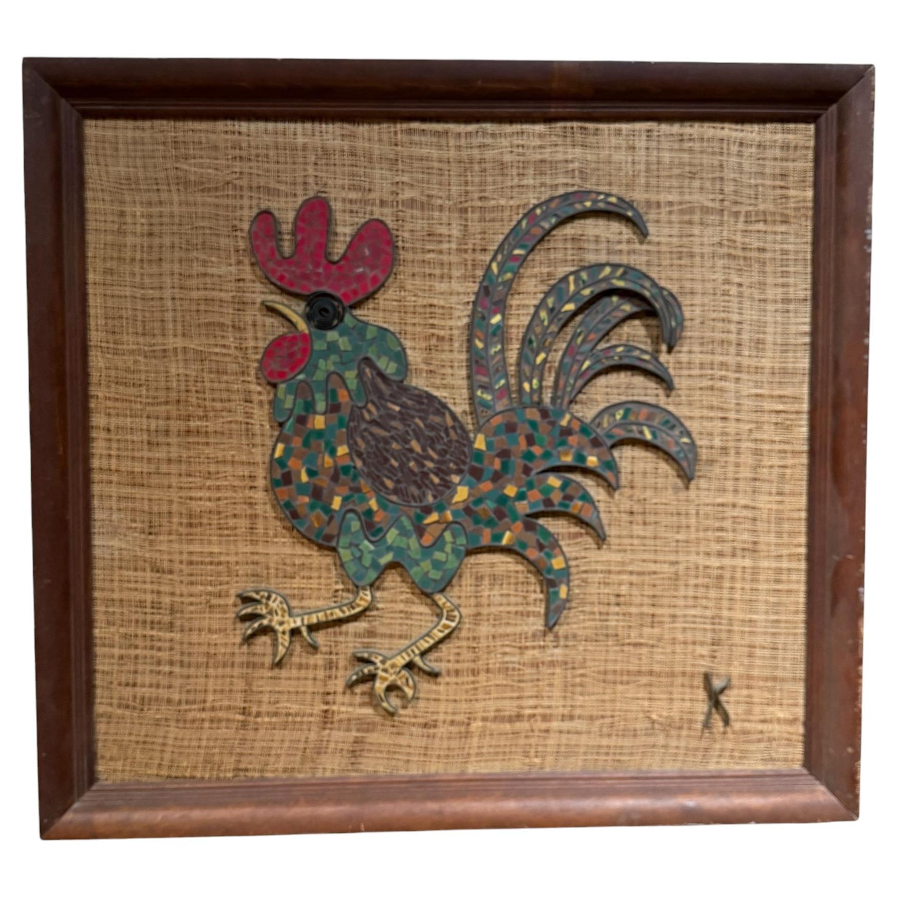 Mid Century Modern Brass Tiled Rooster Wall Art, Signed K, 1960s For Sale