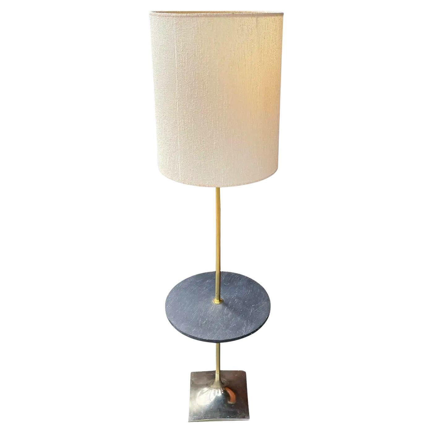 1960s Brass-tone Laurel Floor Lamp with Slate Side Table Vintage Mid-Century