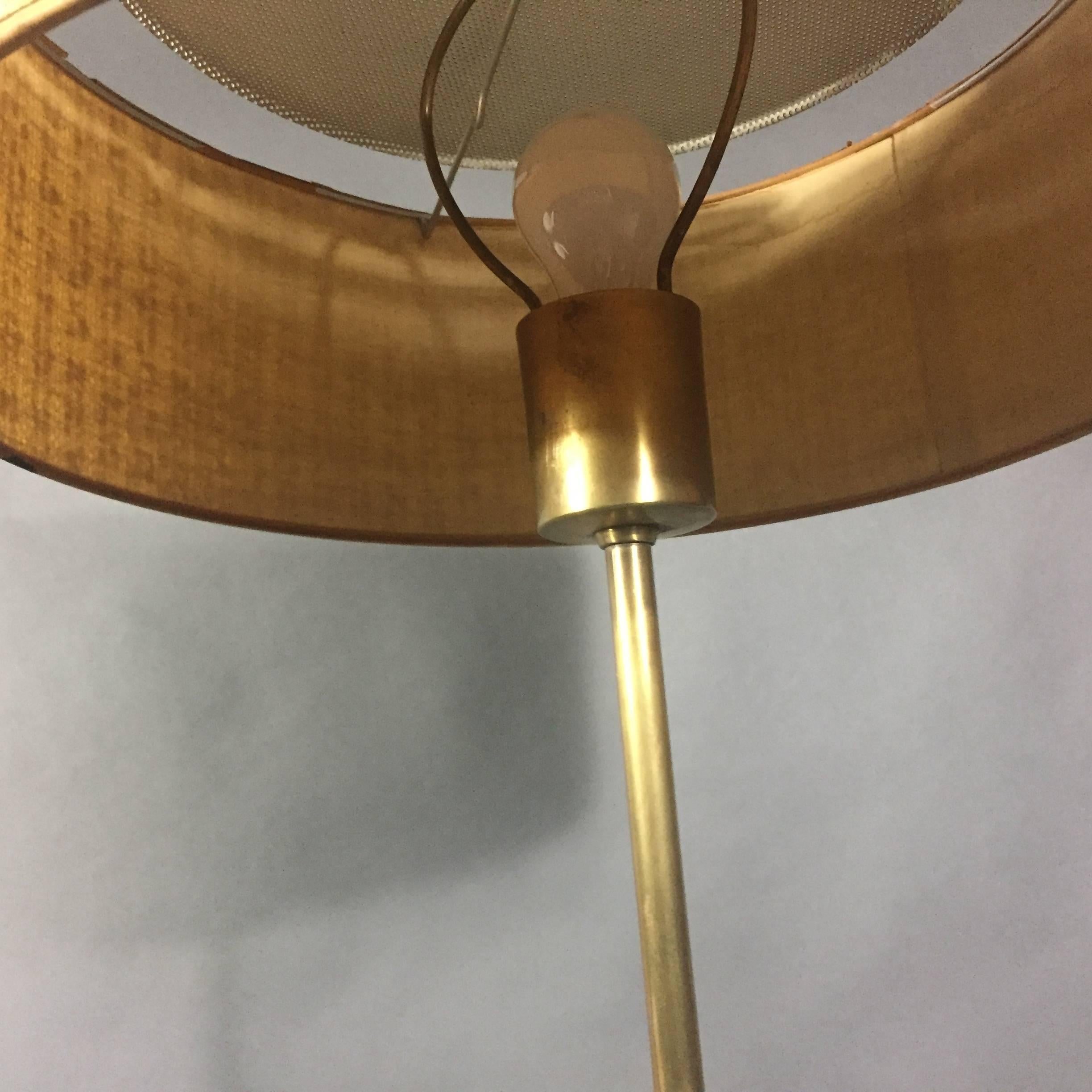 American 1960s Brass Tripod Floor Lamp, Original Boucle Shade, USA For Sale