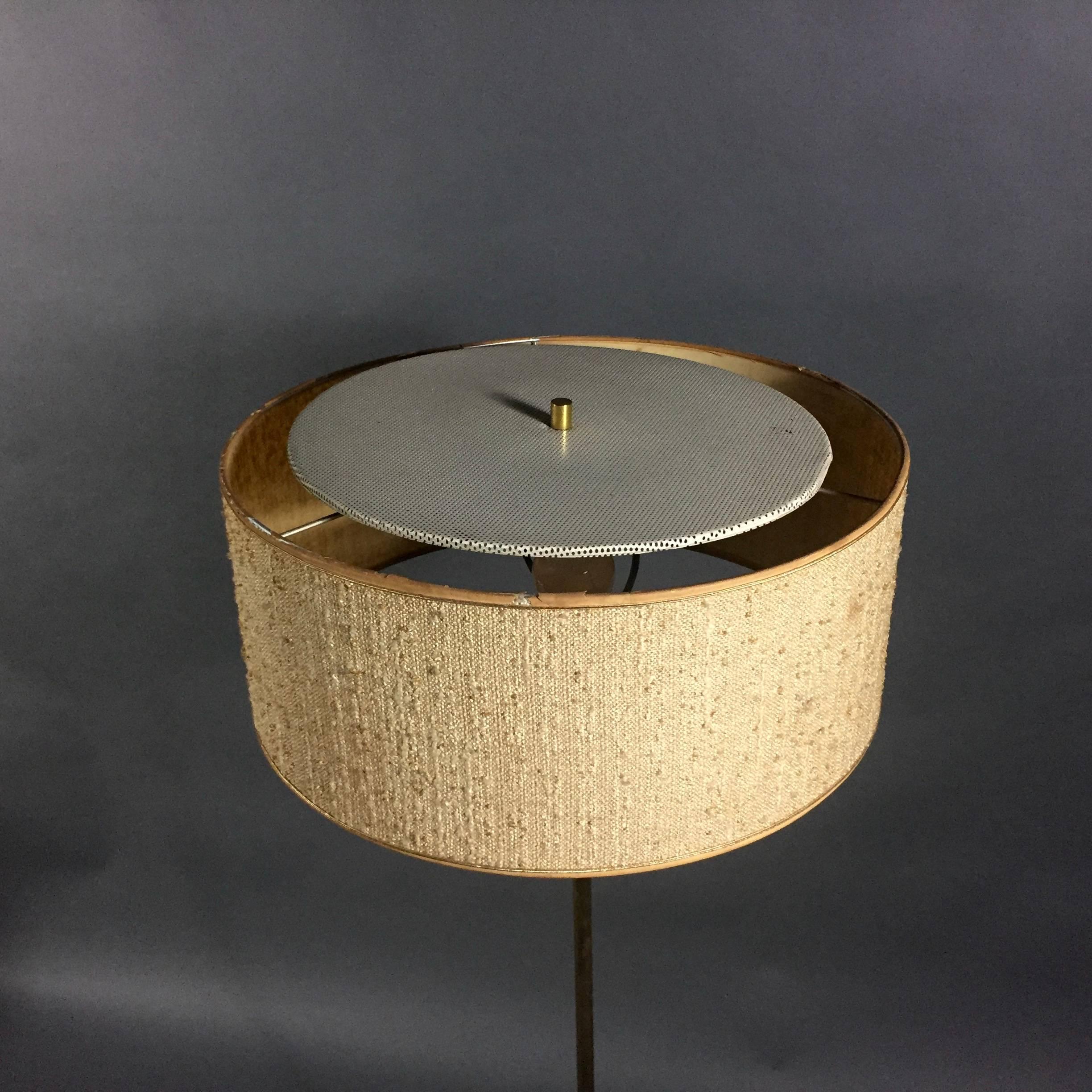 1960s Brass Tripod Floor Lamp, Original Boucle Shade, USA In Good Condition For Sale In Hudson, NY