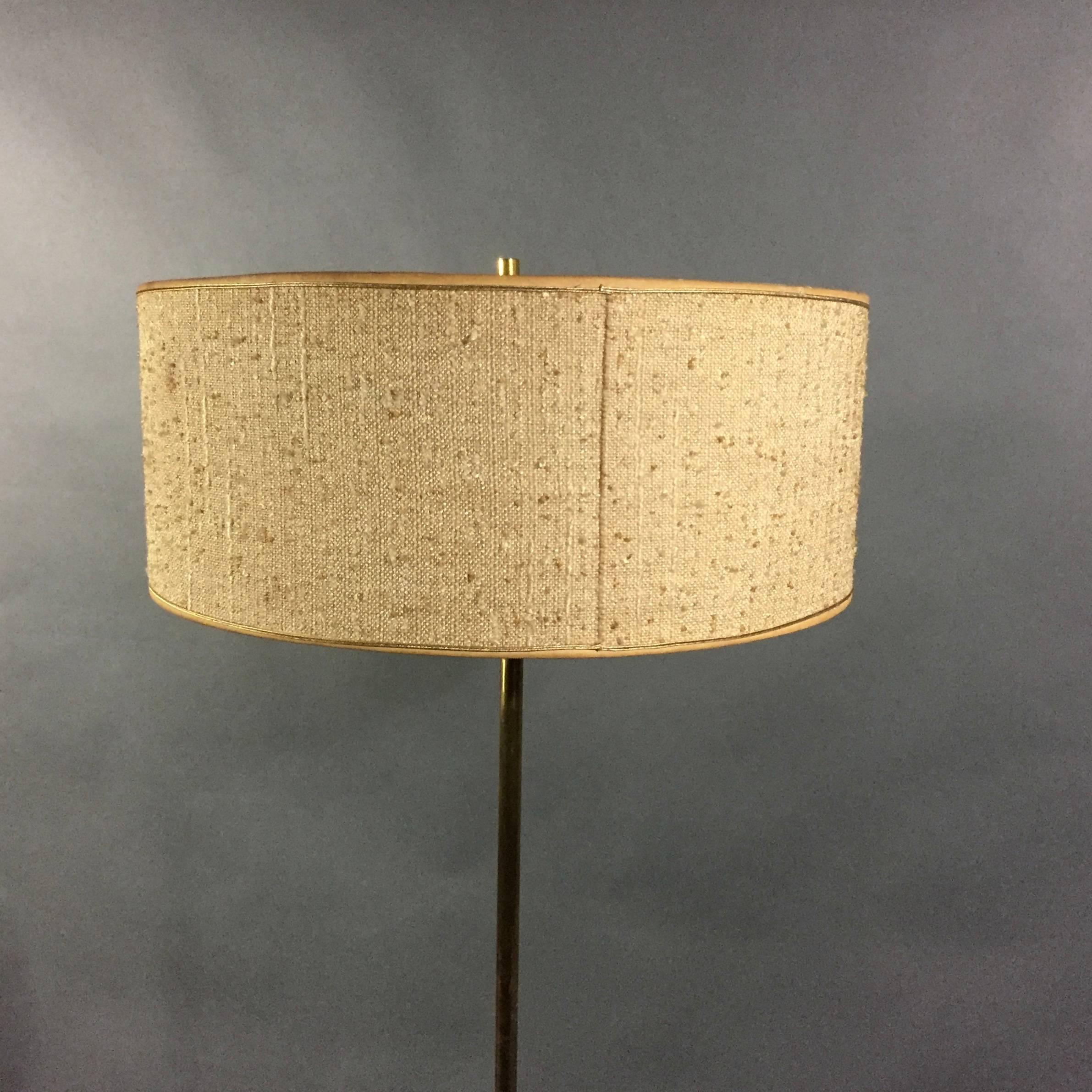 1960s Brass Tripod Floor Lamp, Original Boucle Shade, USA For Sale 2