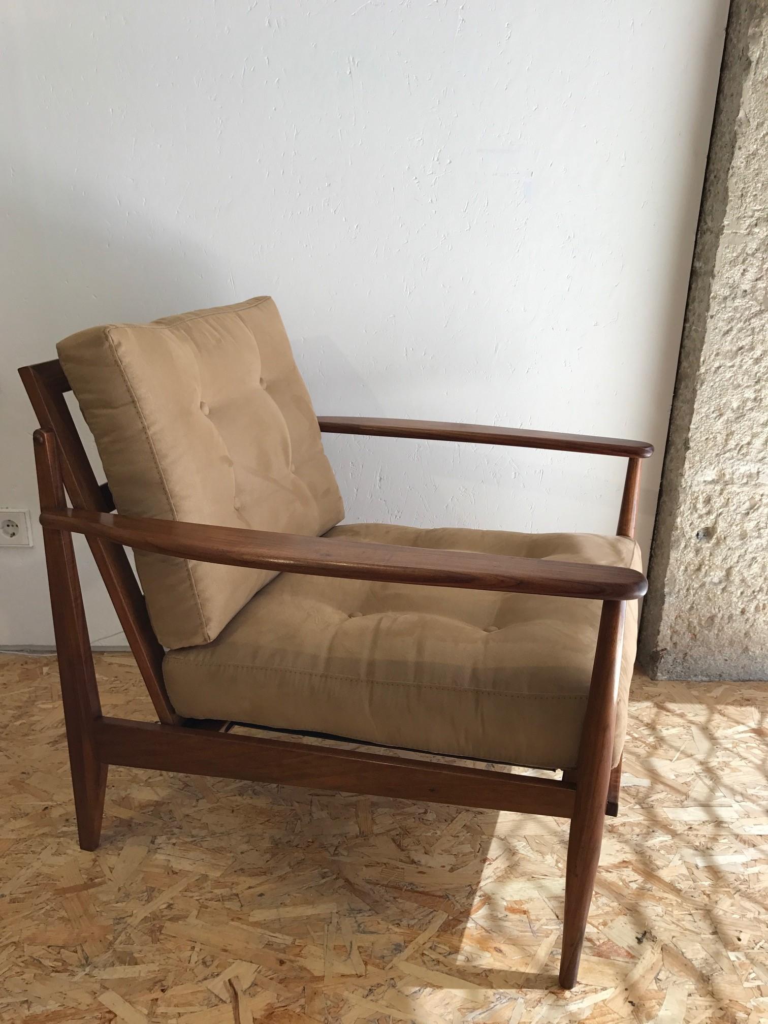 1960s Brazilian armchairs, pau santo wood, recently reupholstered.