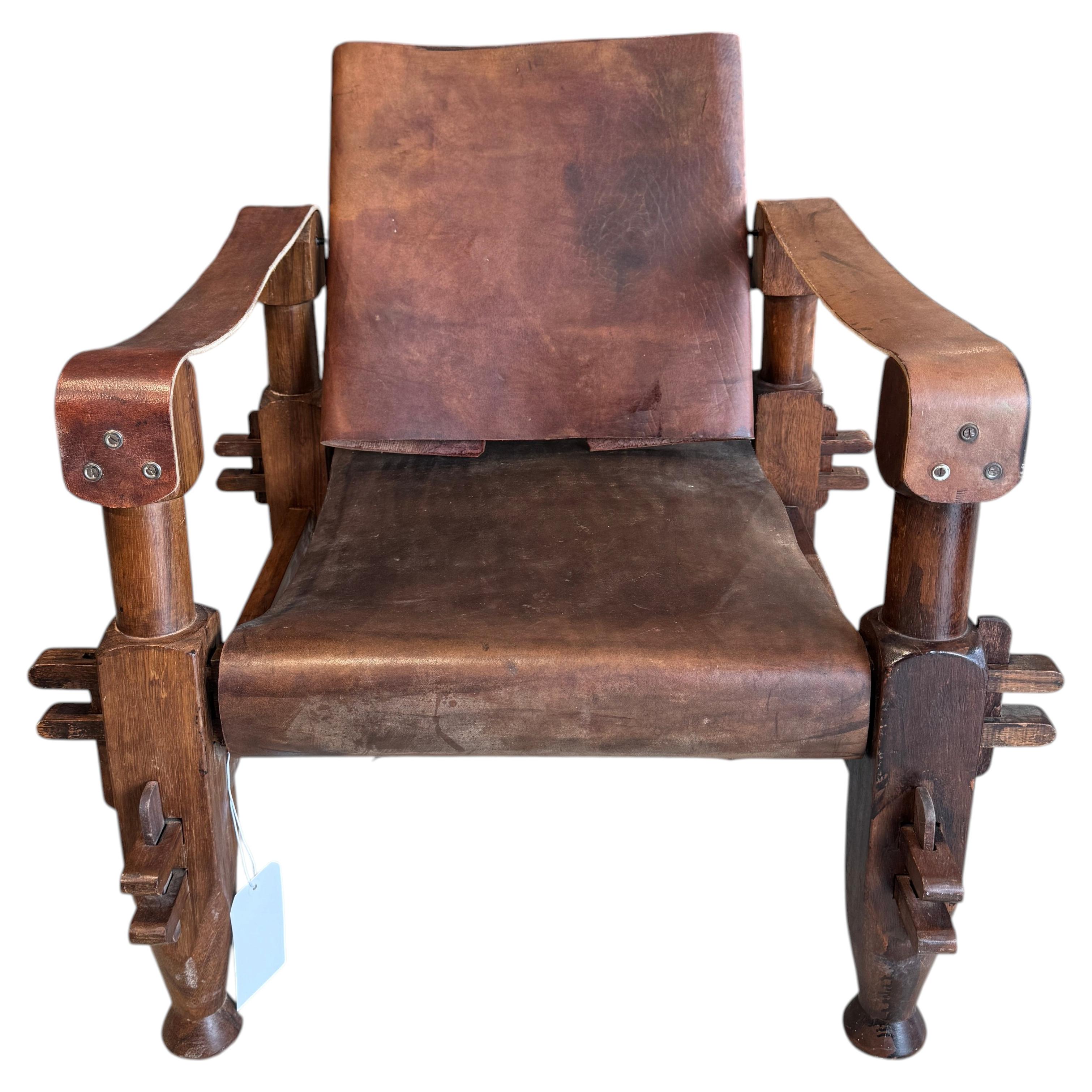 1960s Brazilian Brutalist Safari Leather Sling Chair