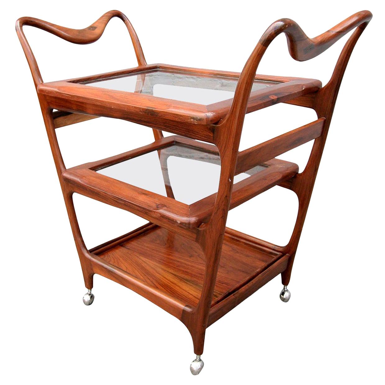 1960s Brazilian Jacaranda Wood Bar Cart by Carlo Hauner with Three Shelves