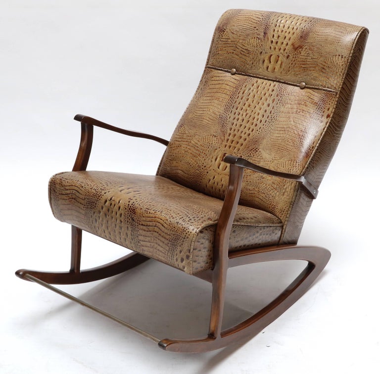 1960s Brazilian Wooden Rocking Chair In Crocodile Embossed Leather