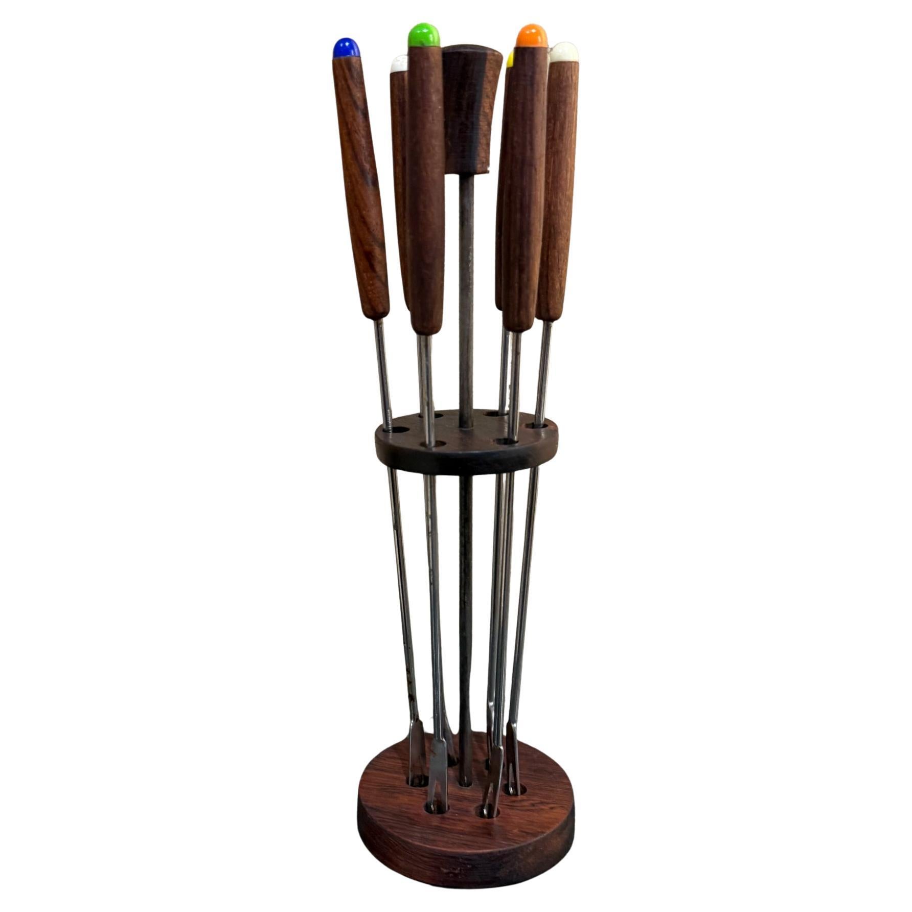 1960er Jahre brasilianischen Palisander Fondue-Gabel-Halter Set Mid-Century Modern