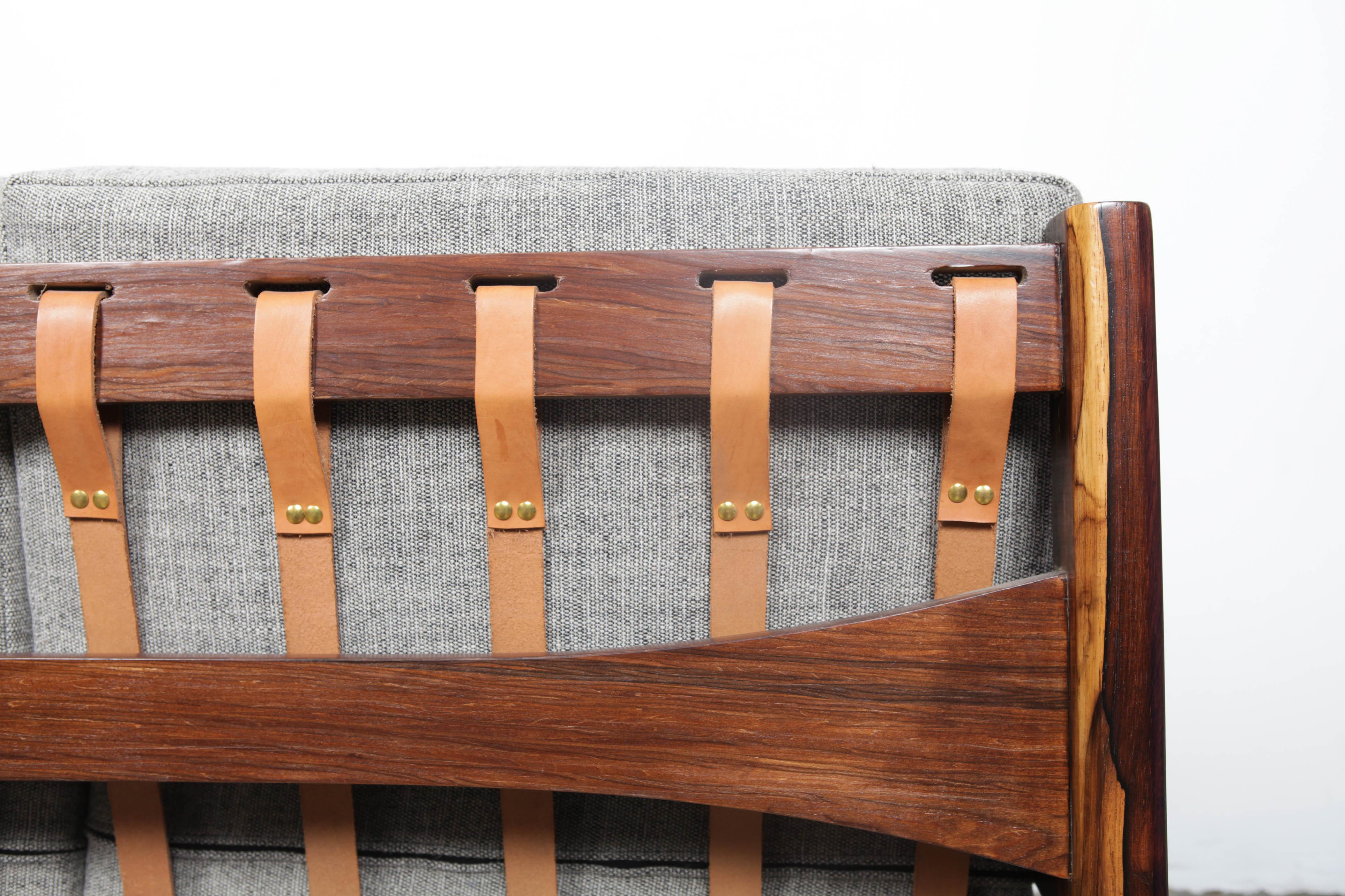 1960s Brazilian Solid Framed Rosewood and Leather Strapped Sofa 5