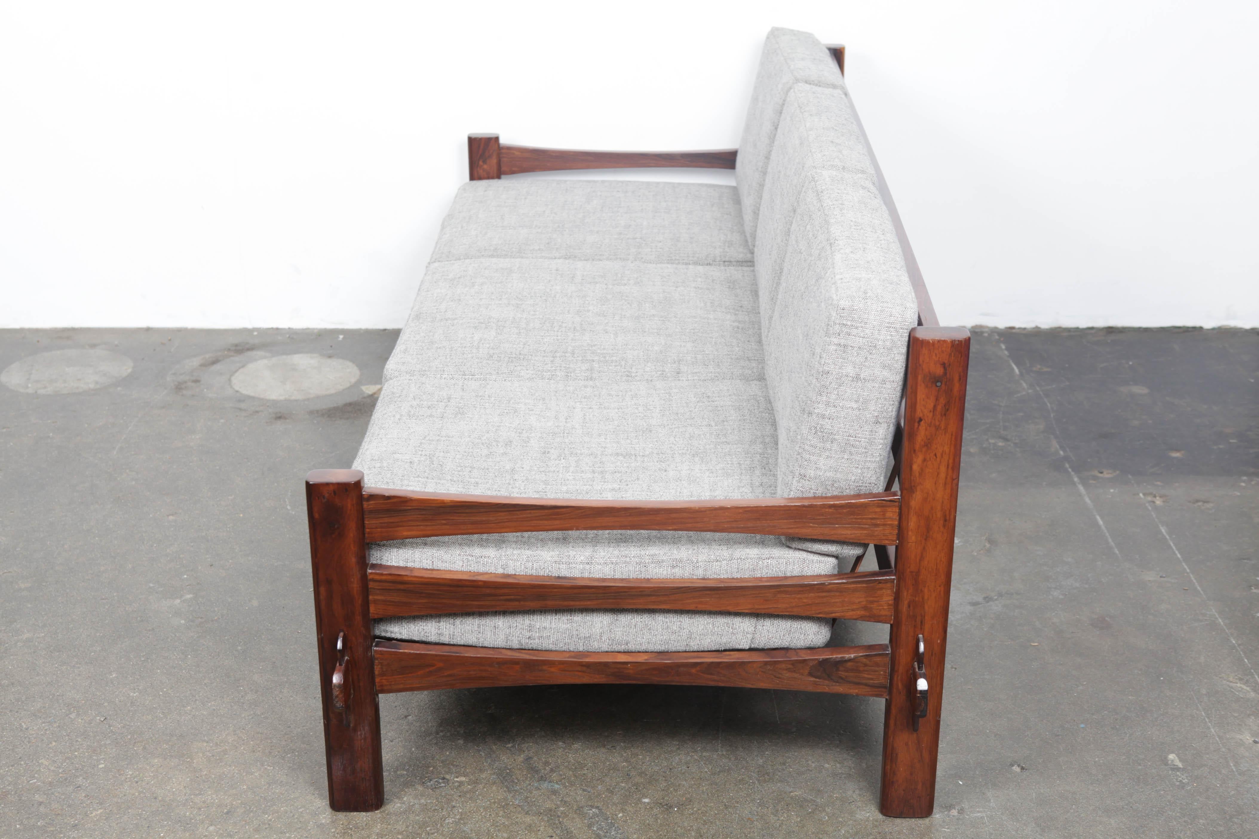 20th Century 1960s Brazilian Solid Framed Rosewood and Leather Strapped Sofa