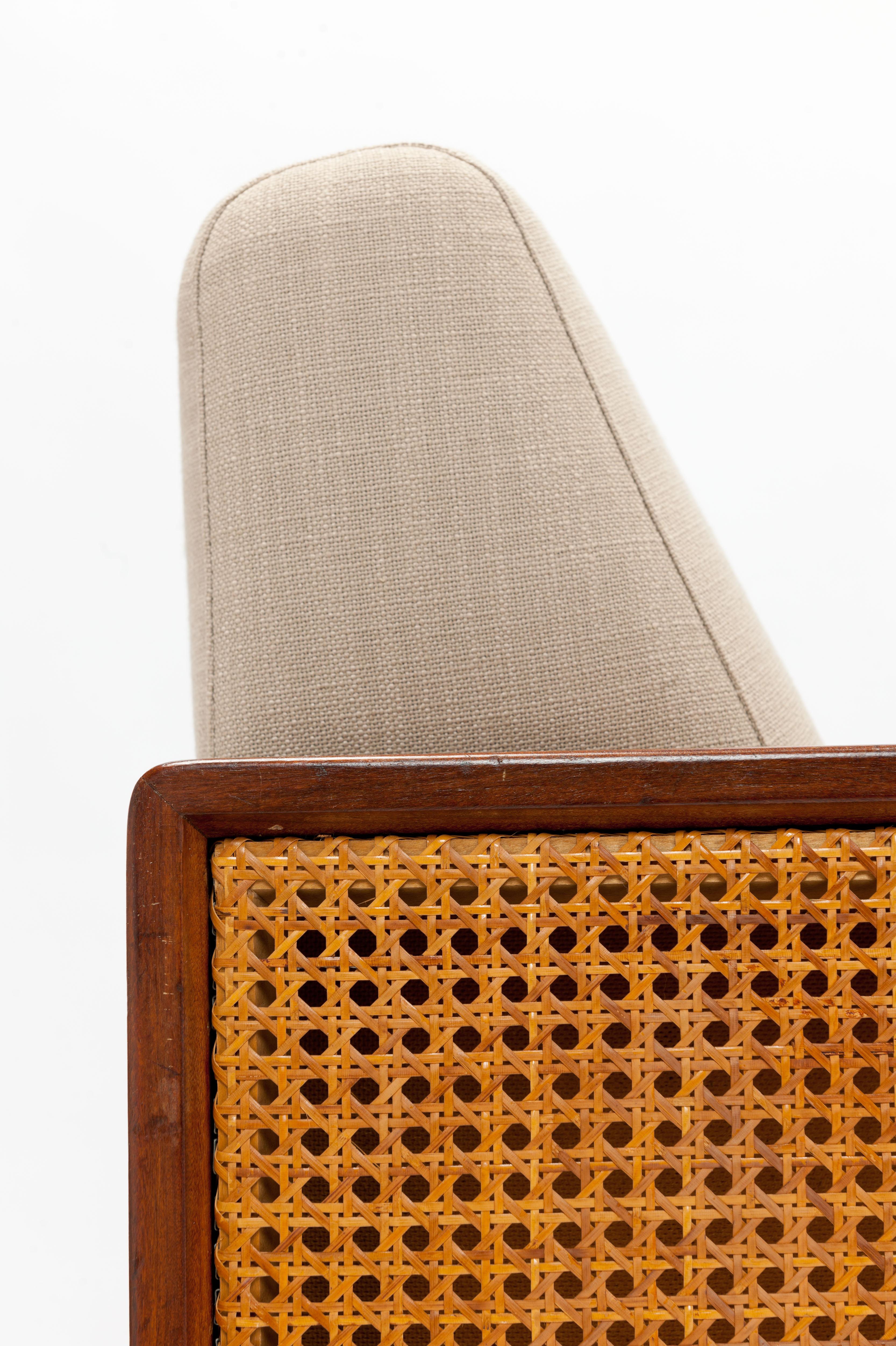 Linen 1960s 'Brazilian' Teak and Cane Armchair in the Manner of Celina Decorações