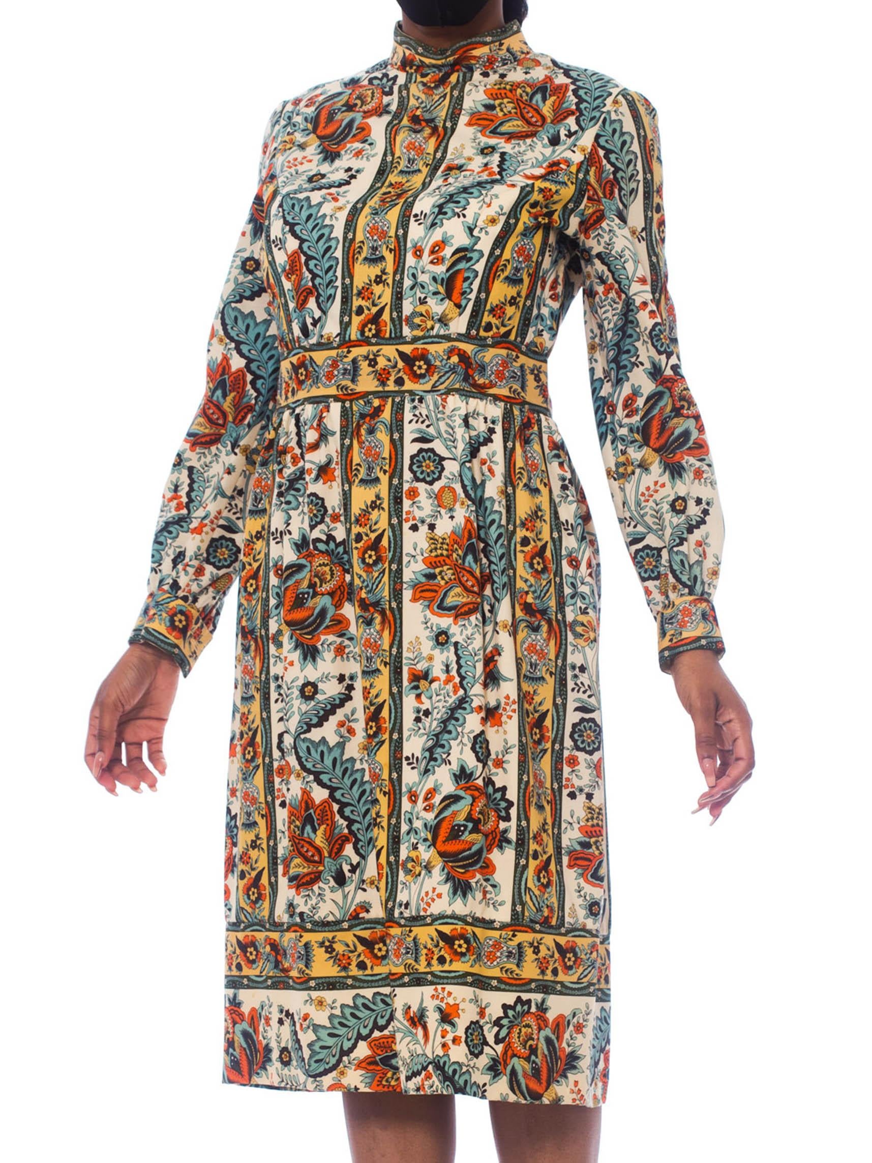 Brown 1960'S Brenner Couture Wool Twill Indian Floral Print Dress
