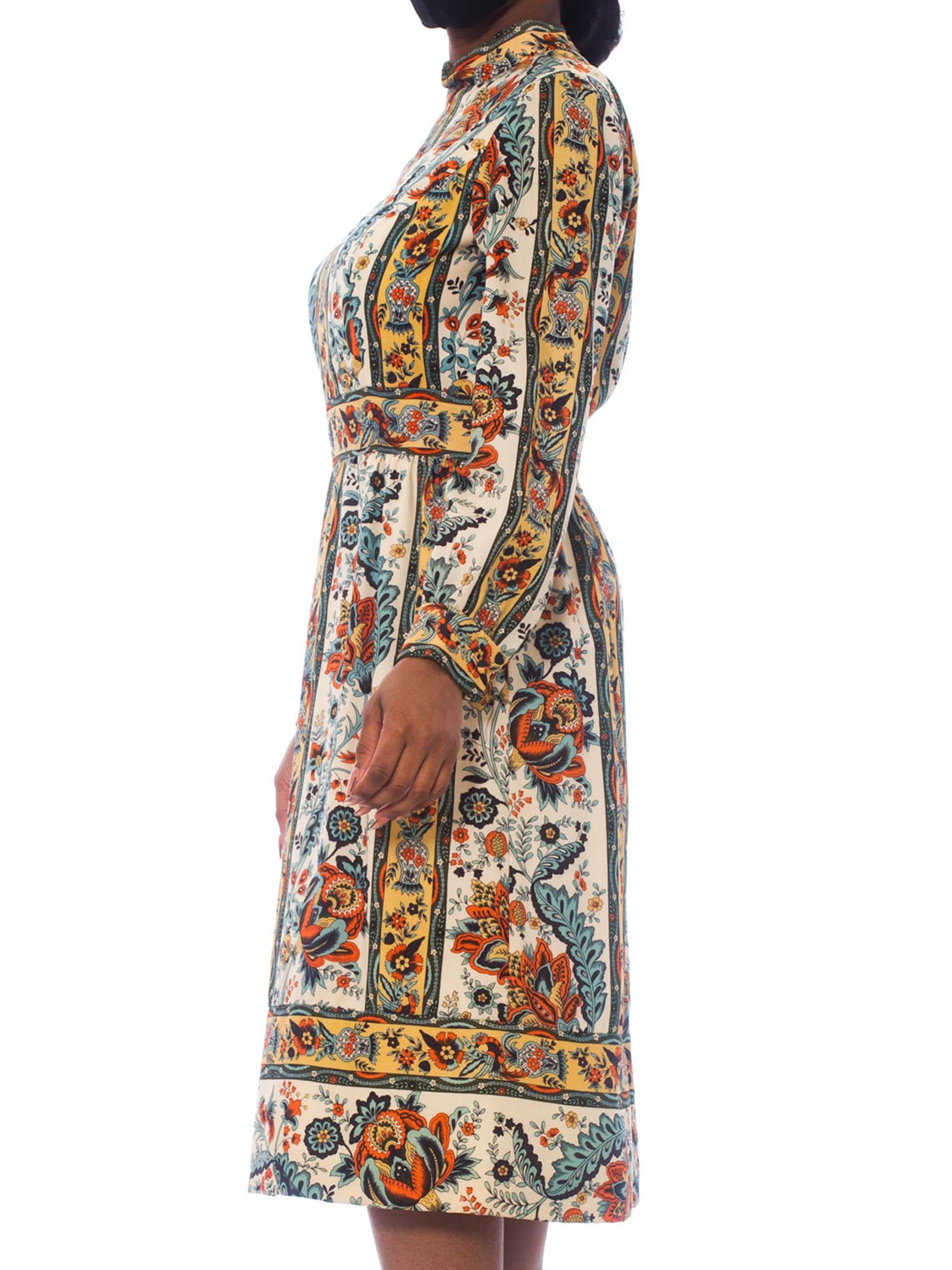 1960'S Brenner Couture Wool Twill Indian Floral Print Dress In Excellent Condition In New York, NY