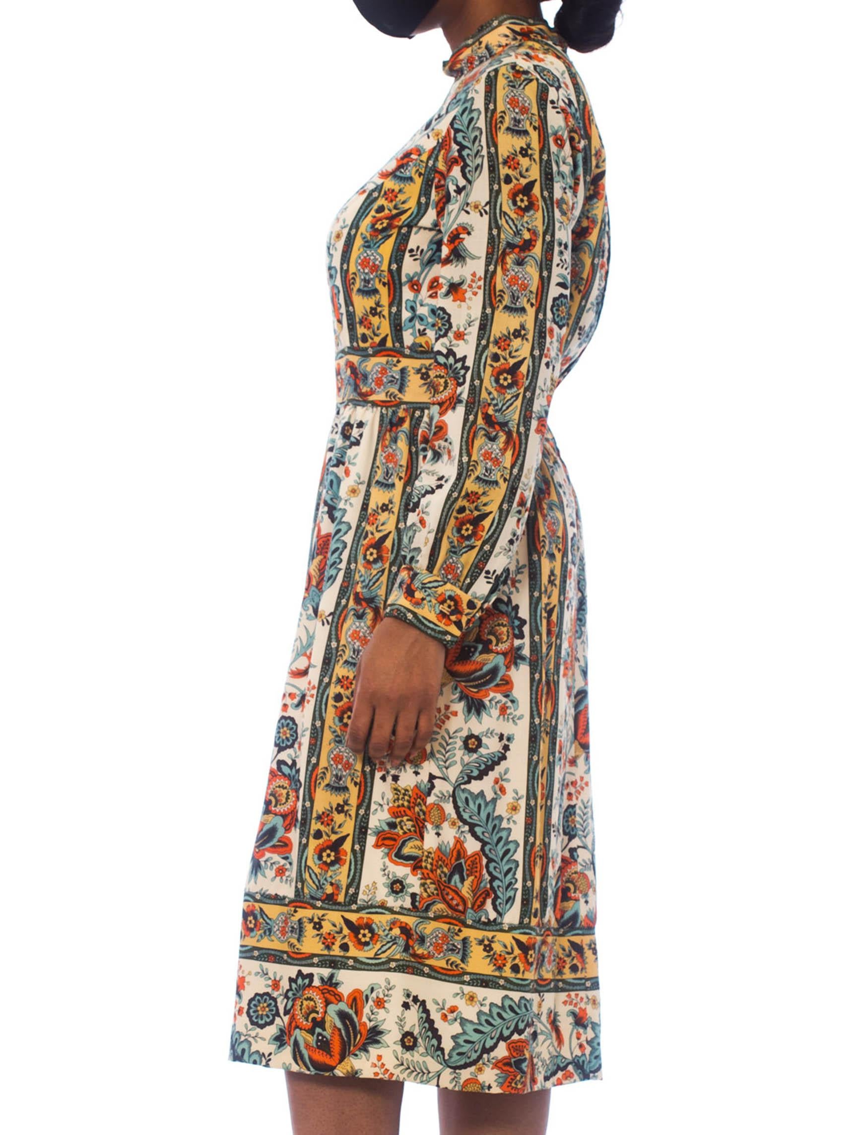 Women's 1960'S Brenner Couture Wool Twill Indian Floral Print Dress