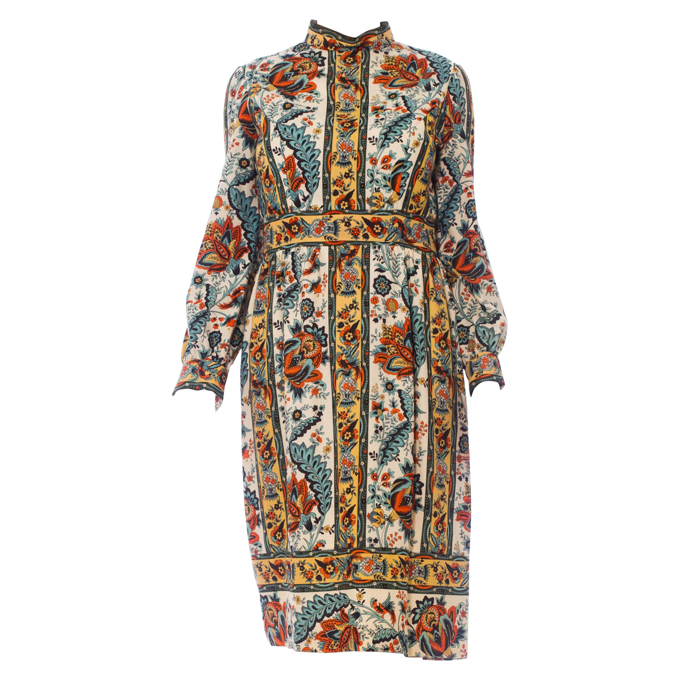 1960'S Brenner Couture Wool Twill Indian Floral Print Dress