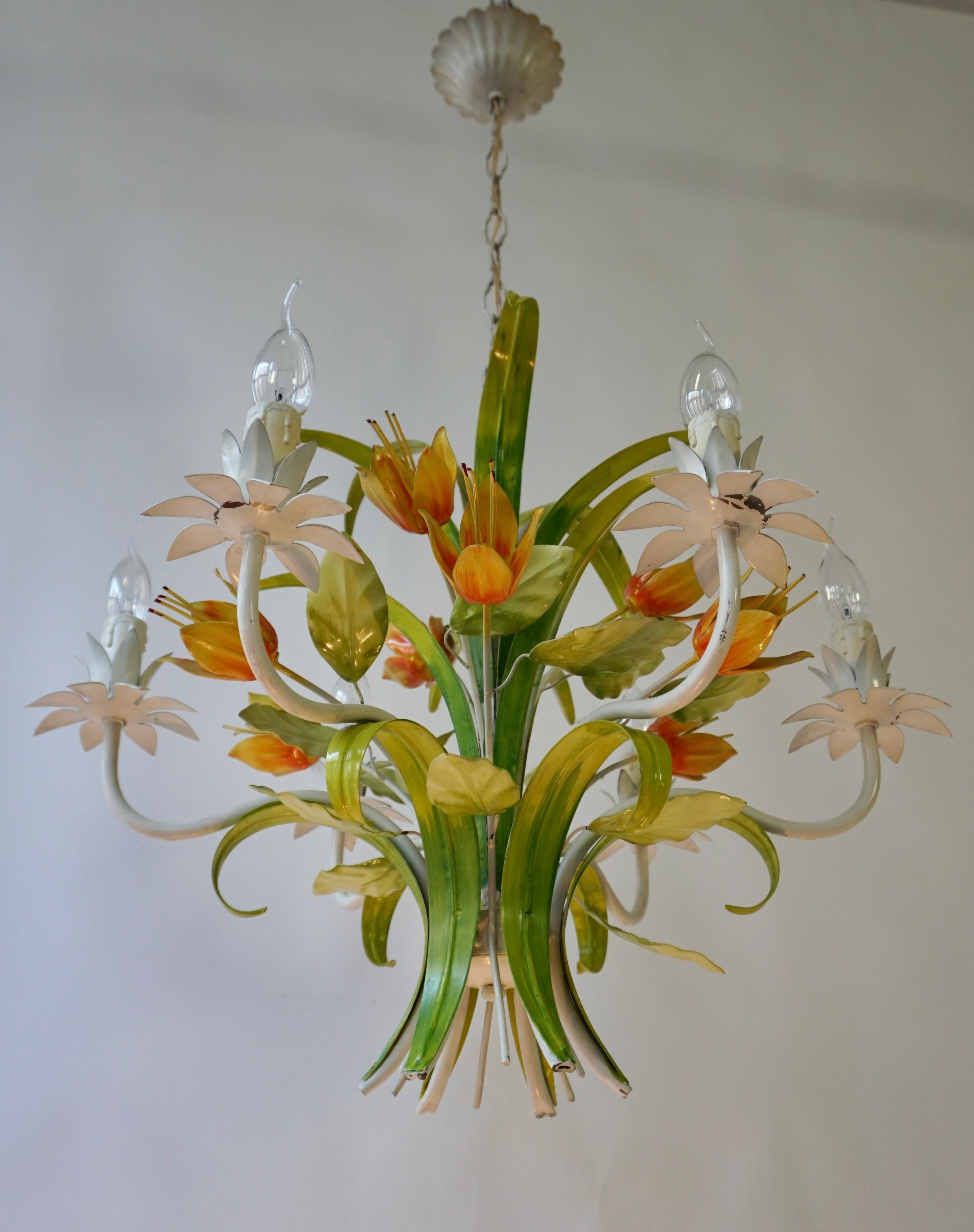 1960s Bright Boho Chic Italian Tole Painted Metal Chandelier With Floral Decor For Sale 4