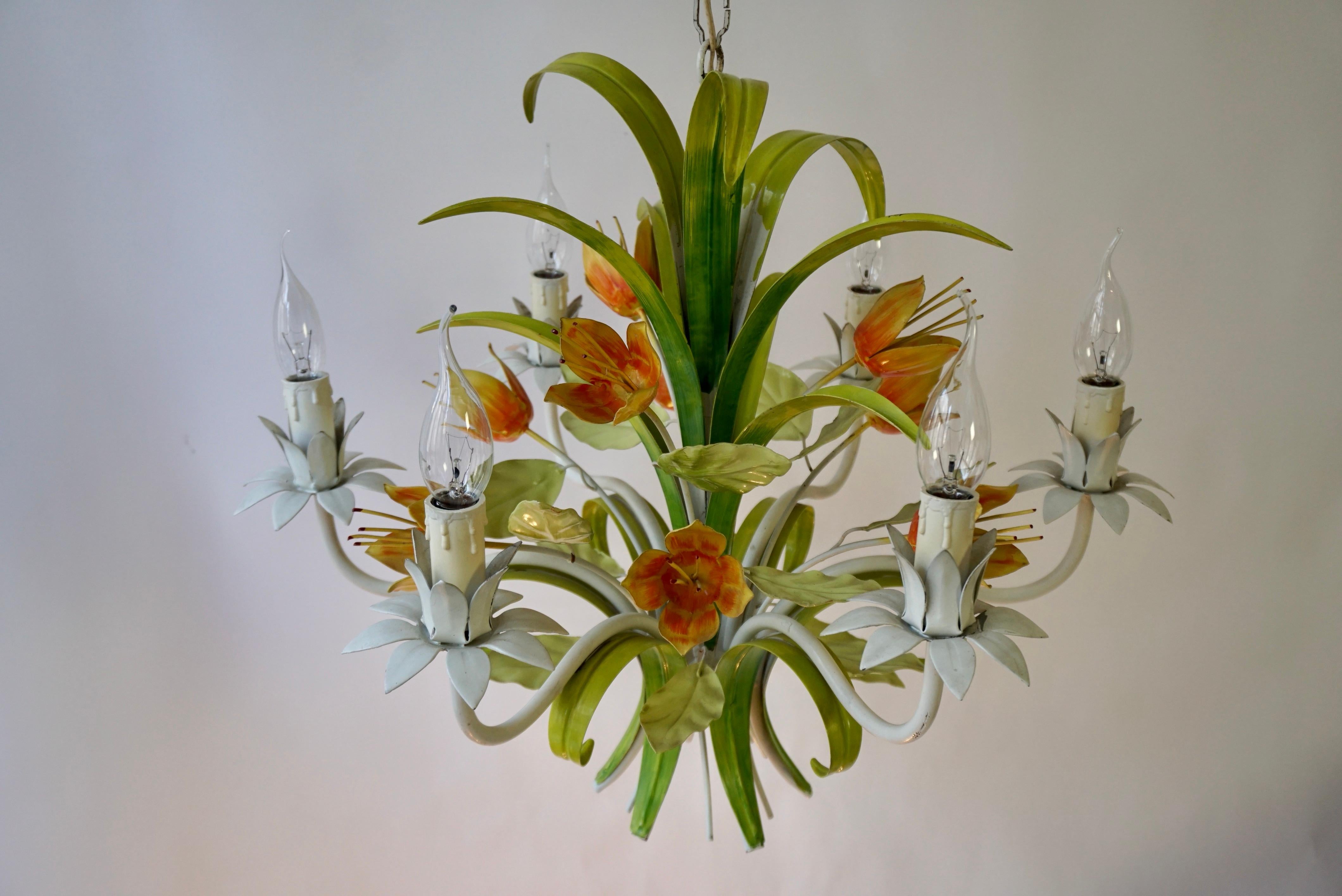 1960s Bright Boho Chic Italian Tole Painted Metal Chandelier With Floral Decor For Sale 5