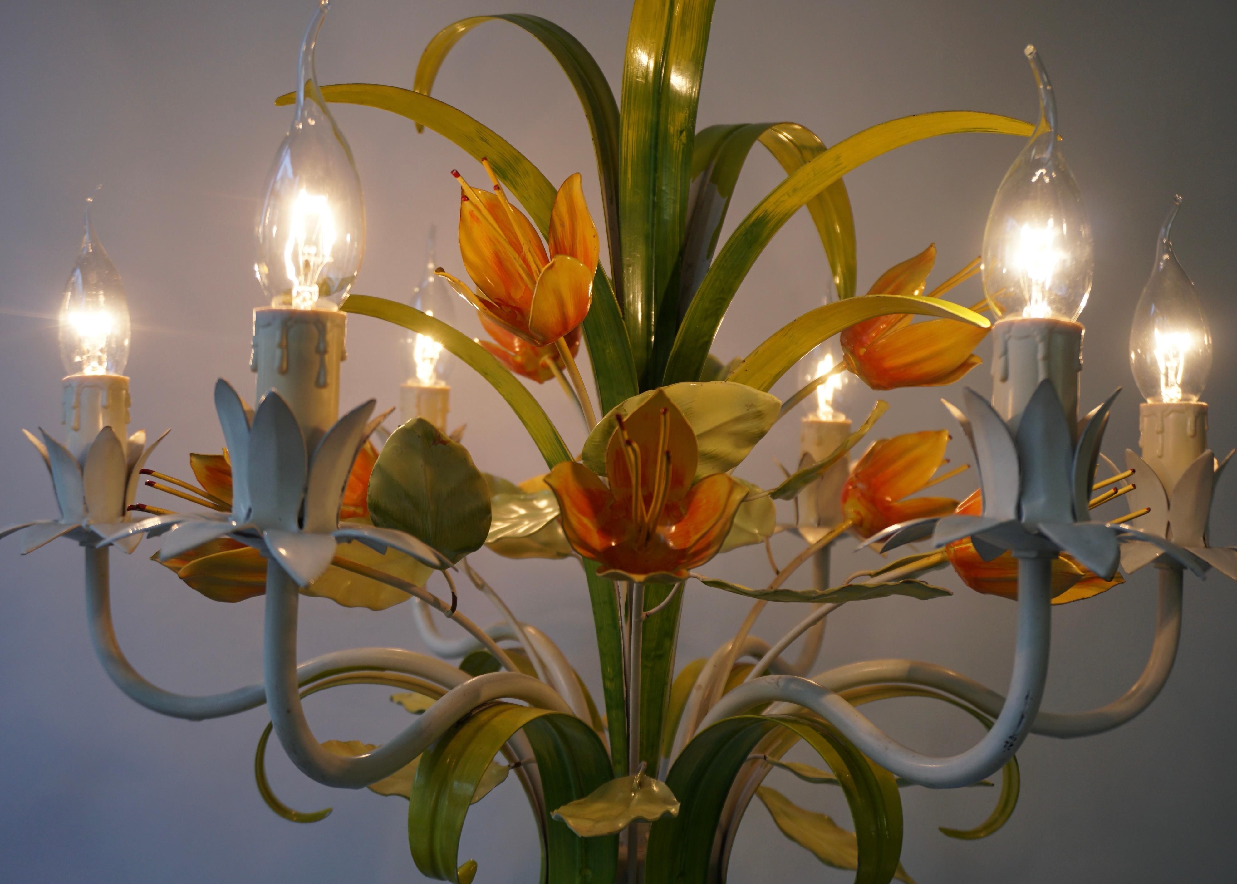 1960s Bright Boho Chic Italian Tole Painted Metal Chandelier With Floral Decor For Sale 10
