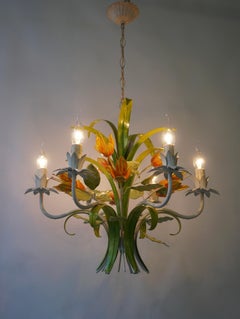 1960s Bright Boho Chic Italian Tole Painted Metal Chandelier With Floral Decor