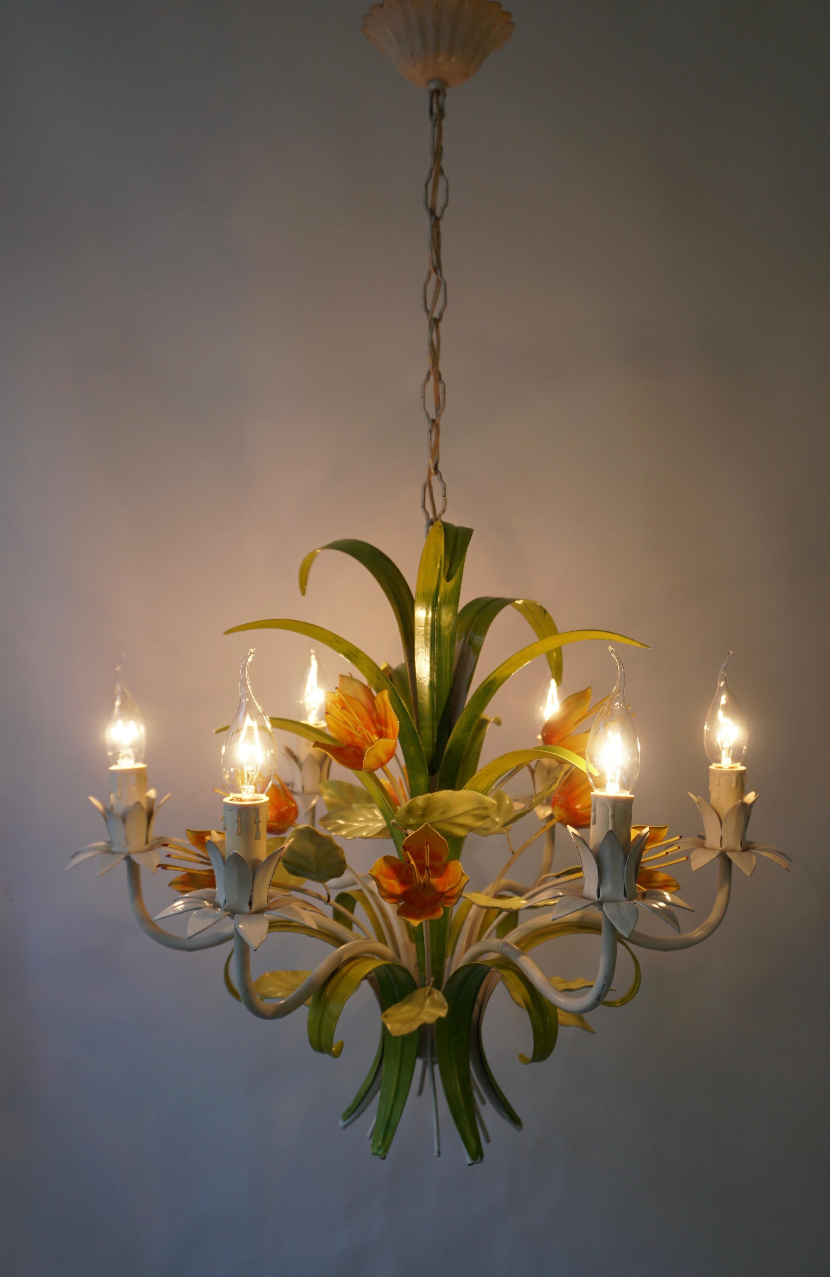 Mid-Century Modern 1960s Bright Boho Chic Italian Tole Painted Metal Chandelier With Floral Decor For Sale