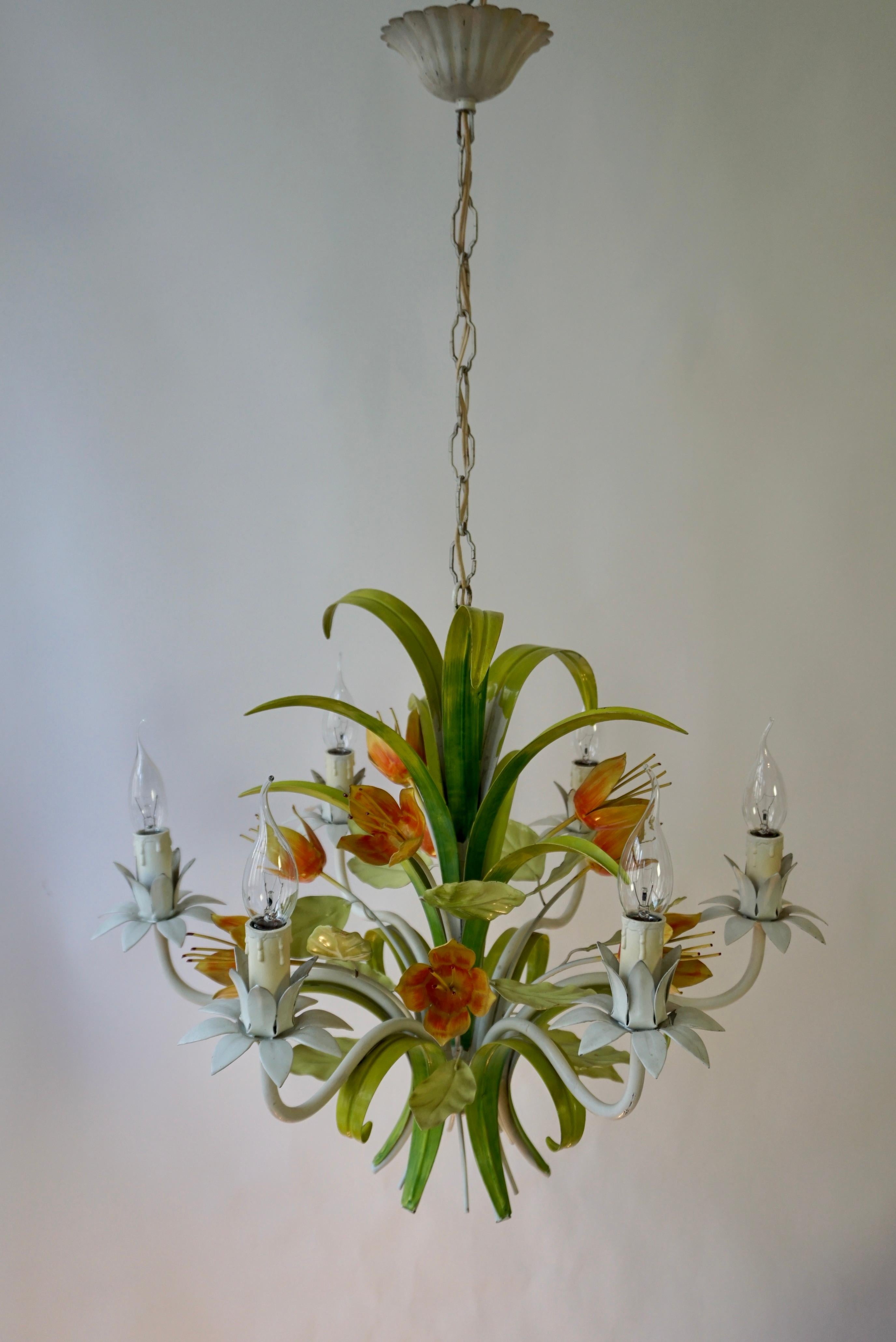 Français 1960s Bright Boho Chic Italian Tole Painted Metal Chandelier With Floral Decor en vente