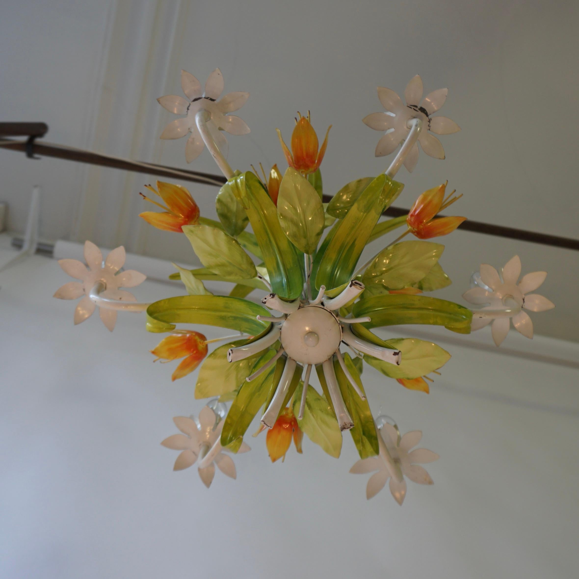 20th Century 1960s Bright Boho Chic Italian Tole Painted Metal Chandelier With Floral Decor For Sale