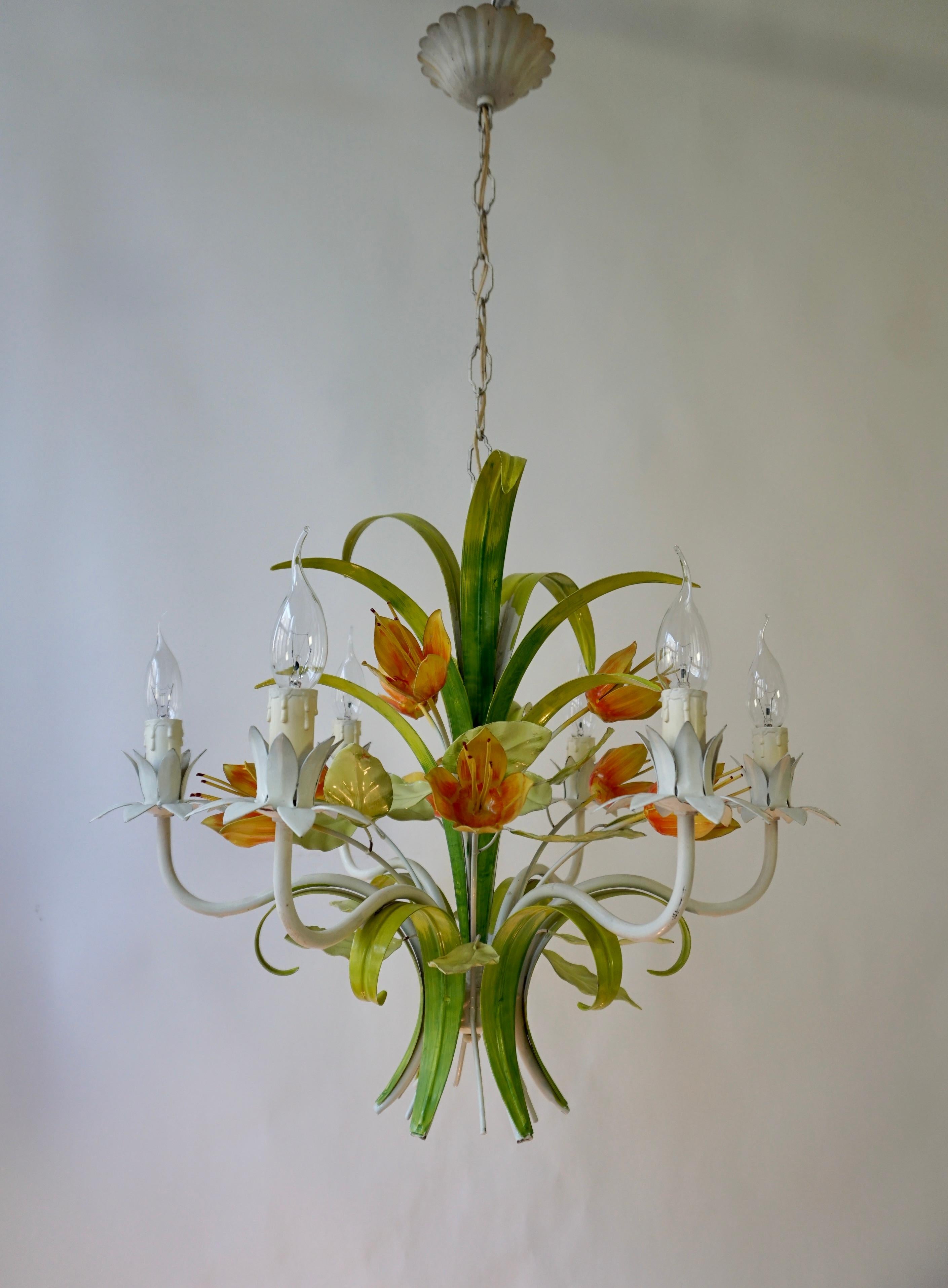 1960s Bright Boho Chic Italian Tole Painted Metal Chandelier With Floral Decor For Sale 3