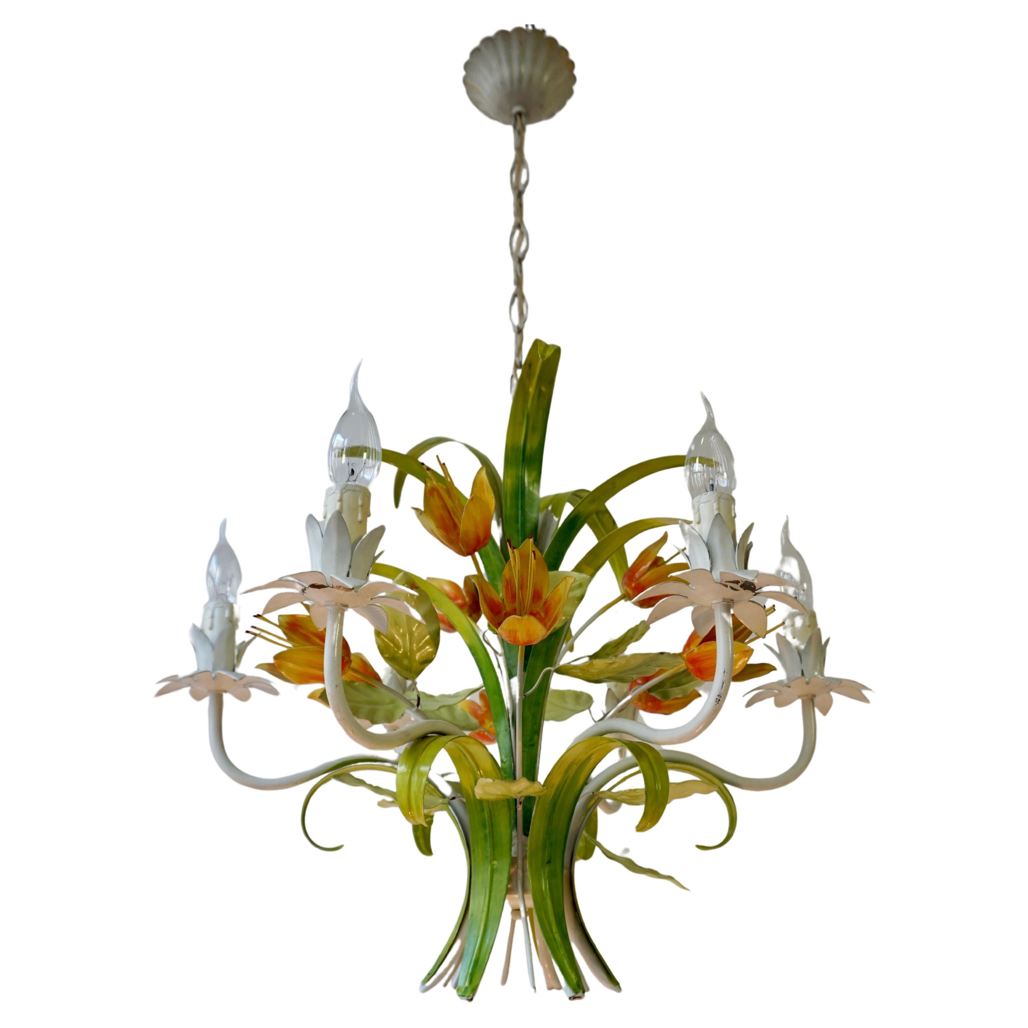 1960s Bright Boho Chic Italian Tole Painted Metal Chandelier With Floral Decor For Sale