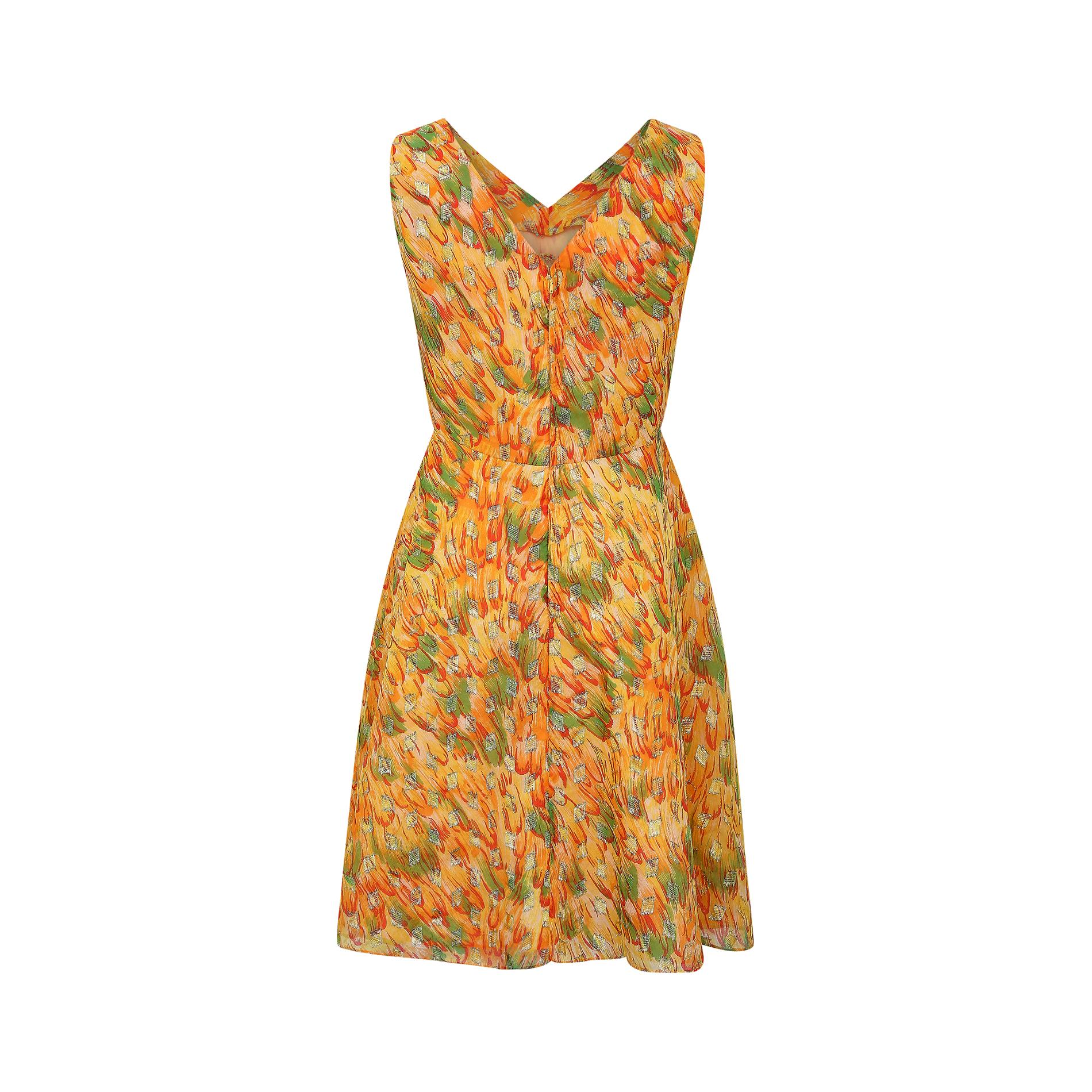 Women's 1960s Bright Feather Print and Gold Lame Dress