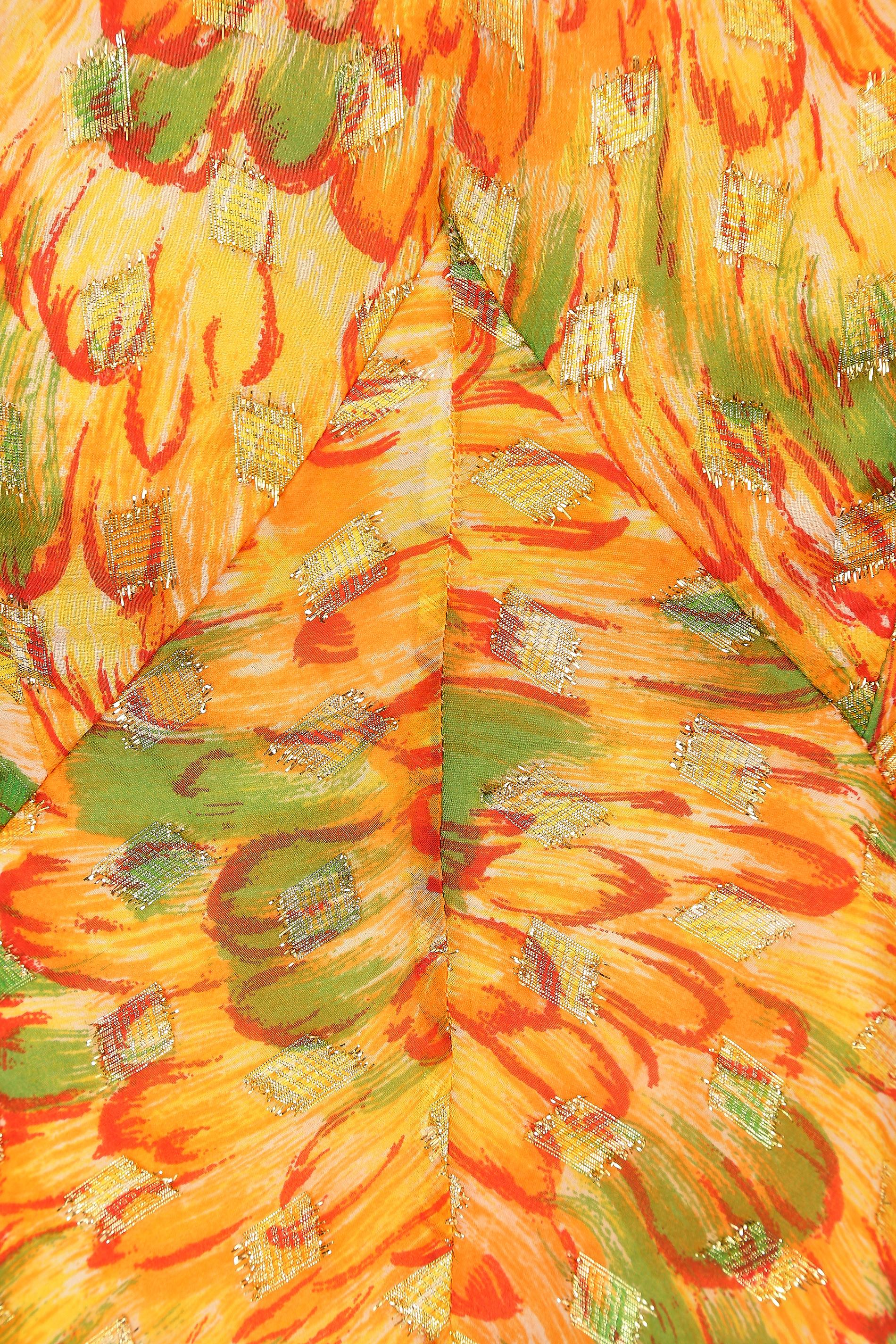 1960s Bright Feather Print and Gold Lame Dress 1