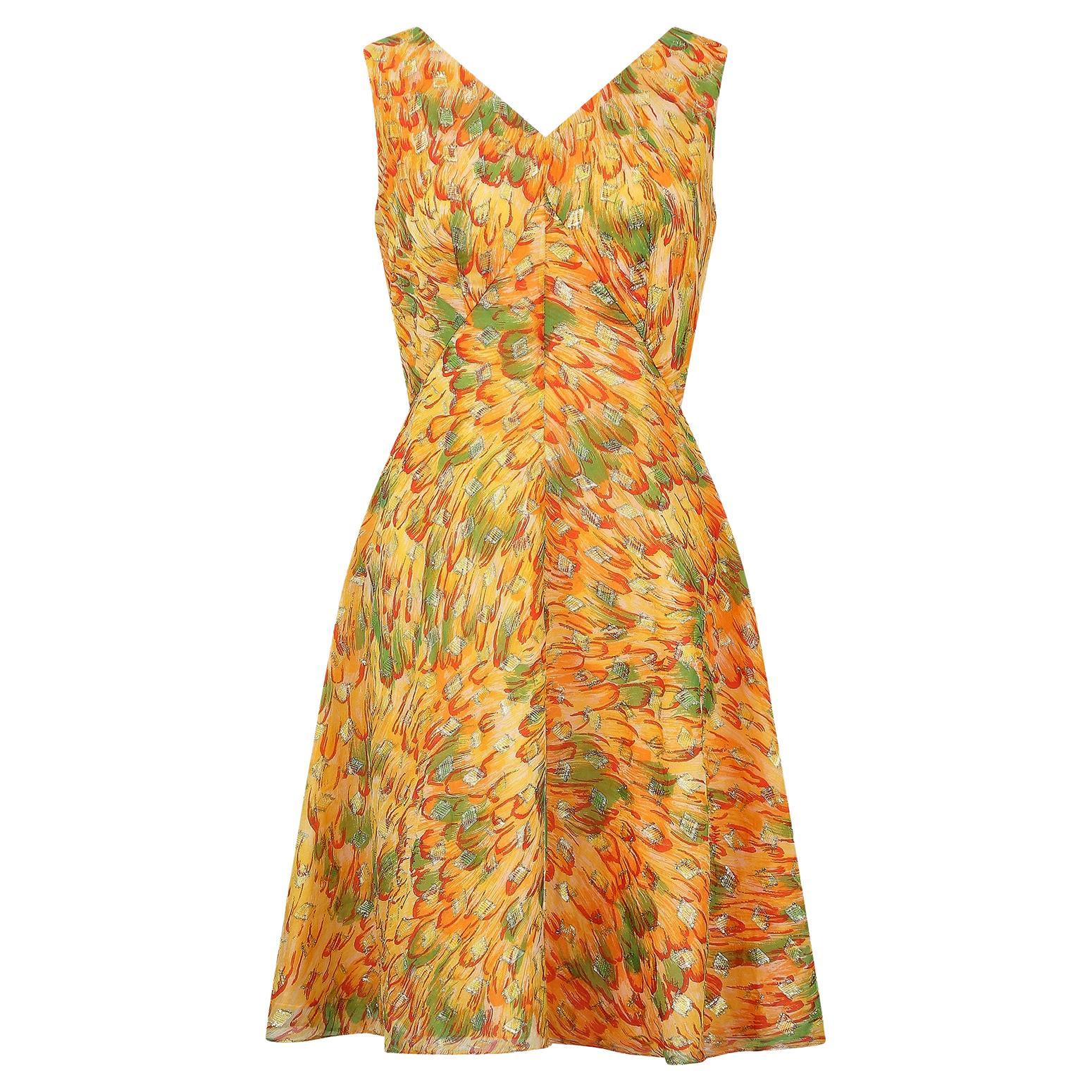 1960s Bright Feather Print and Gold Lame Dress