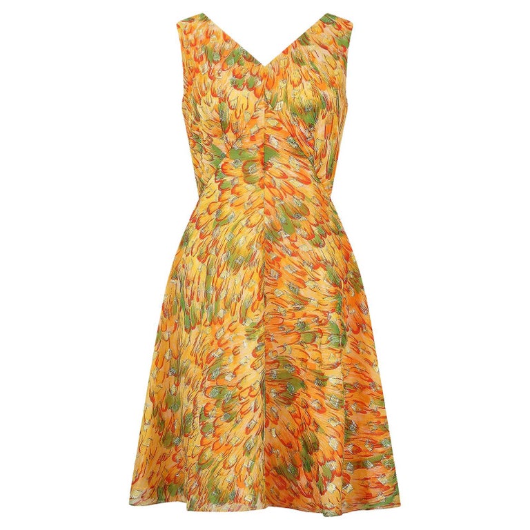 1960s Bright Feather Print and Gold Lame Dress For Sale at 1stDibs
