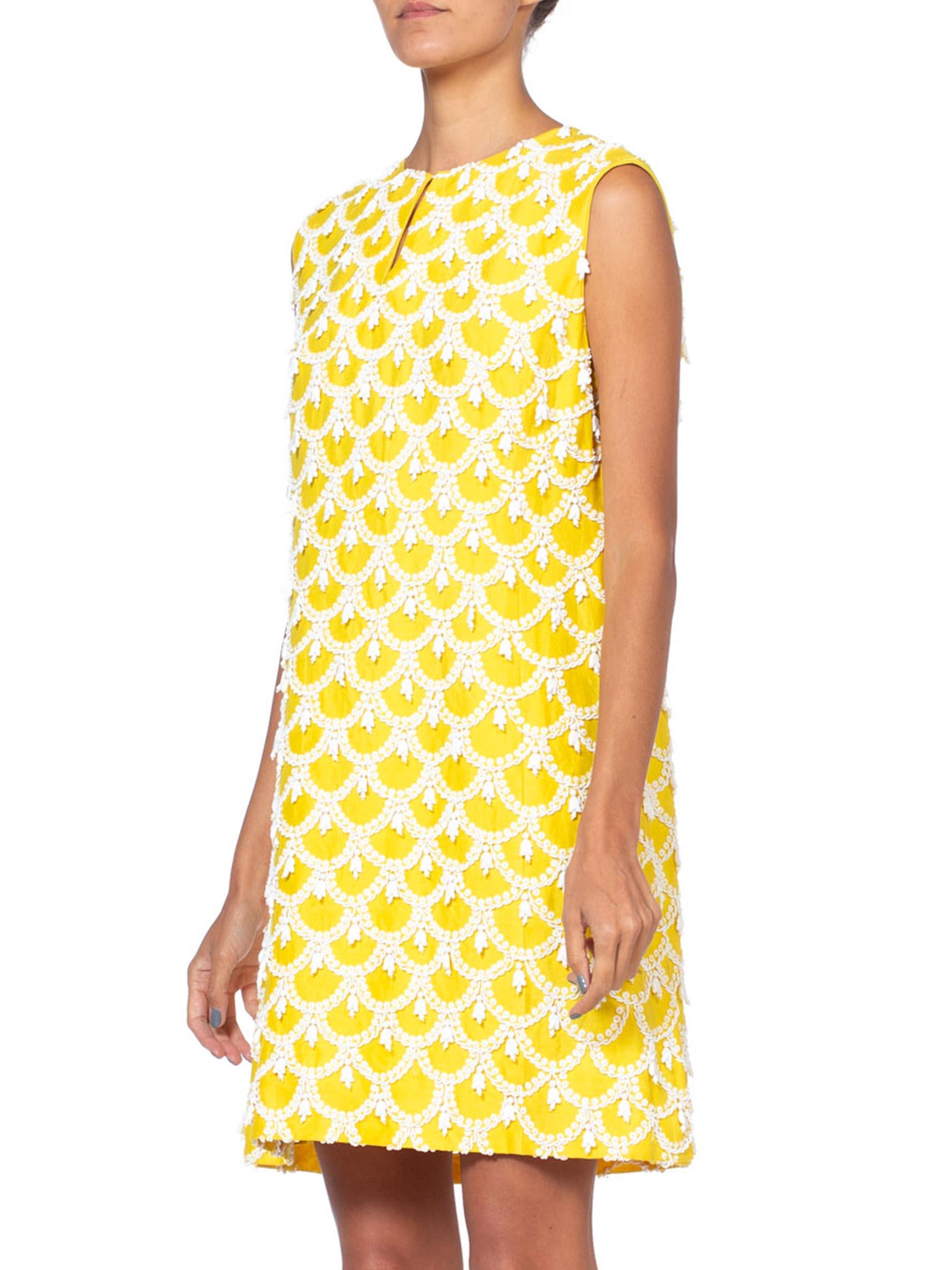 White 1960'S Yellow Hand Beaded Silk Radzimir Mod Cocktail Dress For Sale