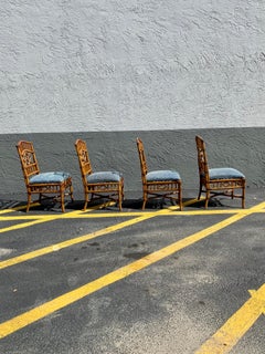 1960s Brighton Rattan Blue and White Chairs, Set of 4