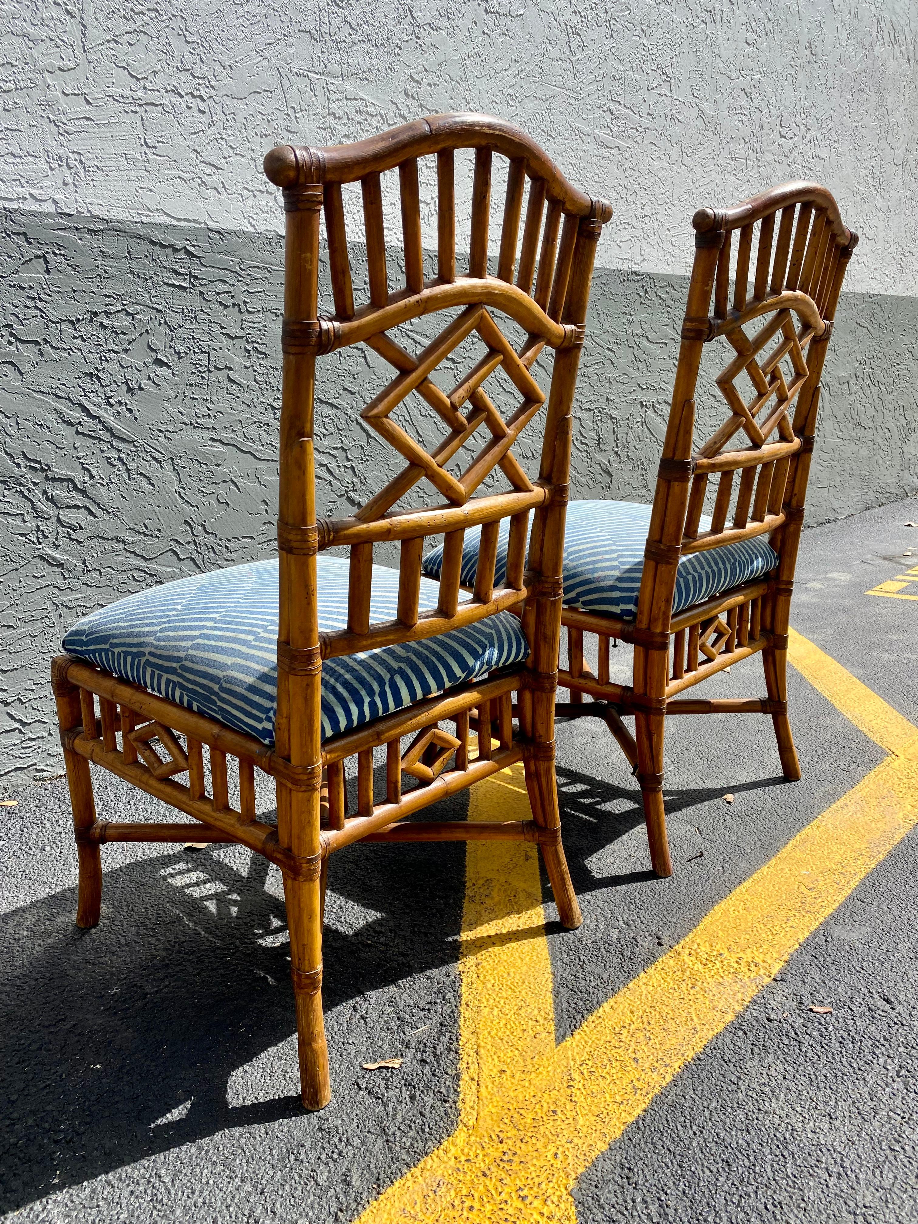 Mid-20th Century 1960s Brighton Rattan Blue and White Chairs, Set of 4 For Sale
