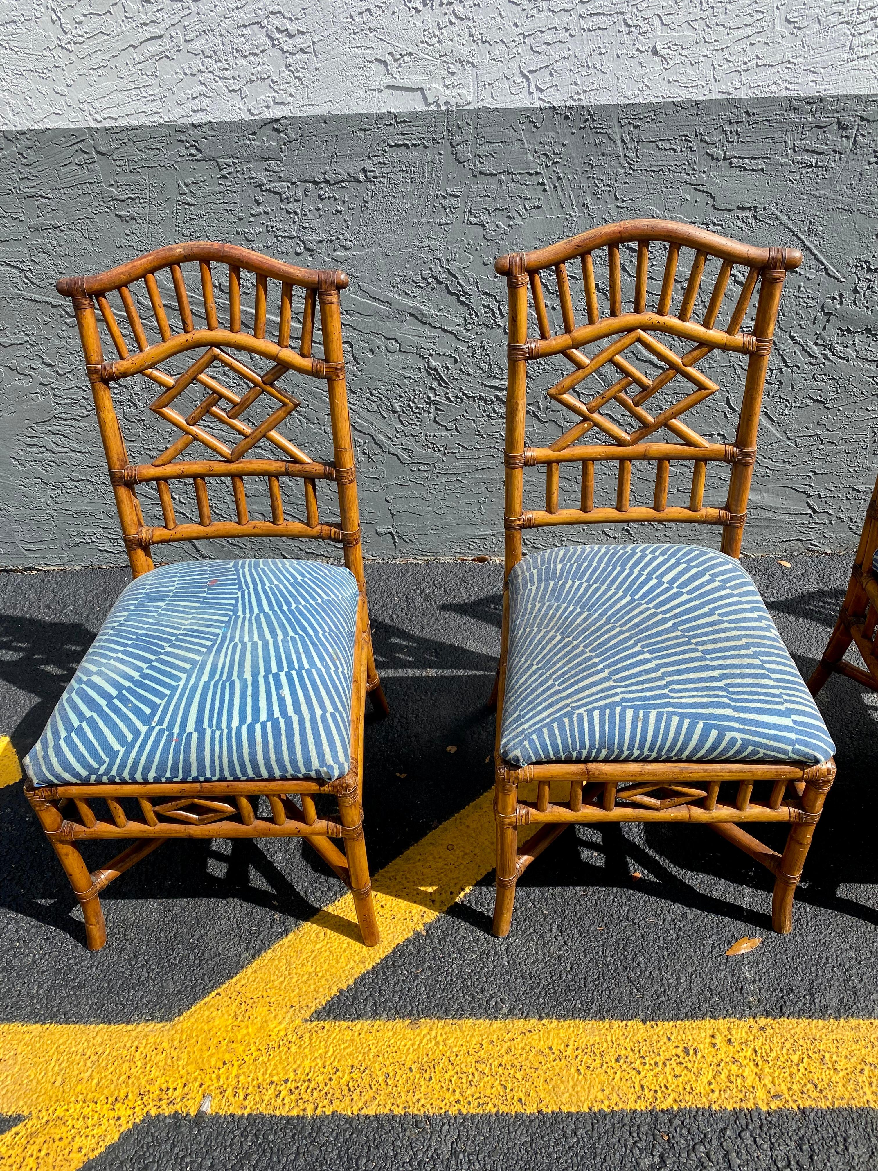 1960s Brighton Rattan Blue and White Chairs, Set of 4 For Sale 1