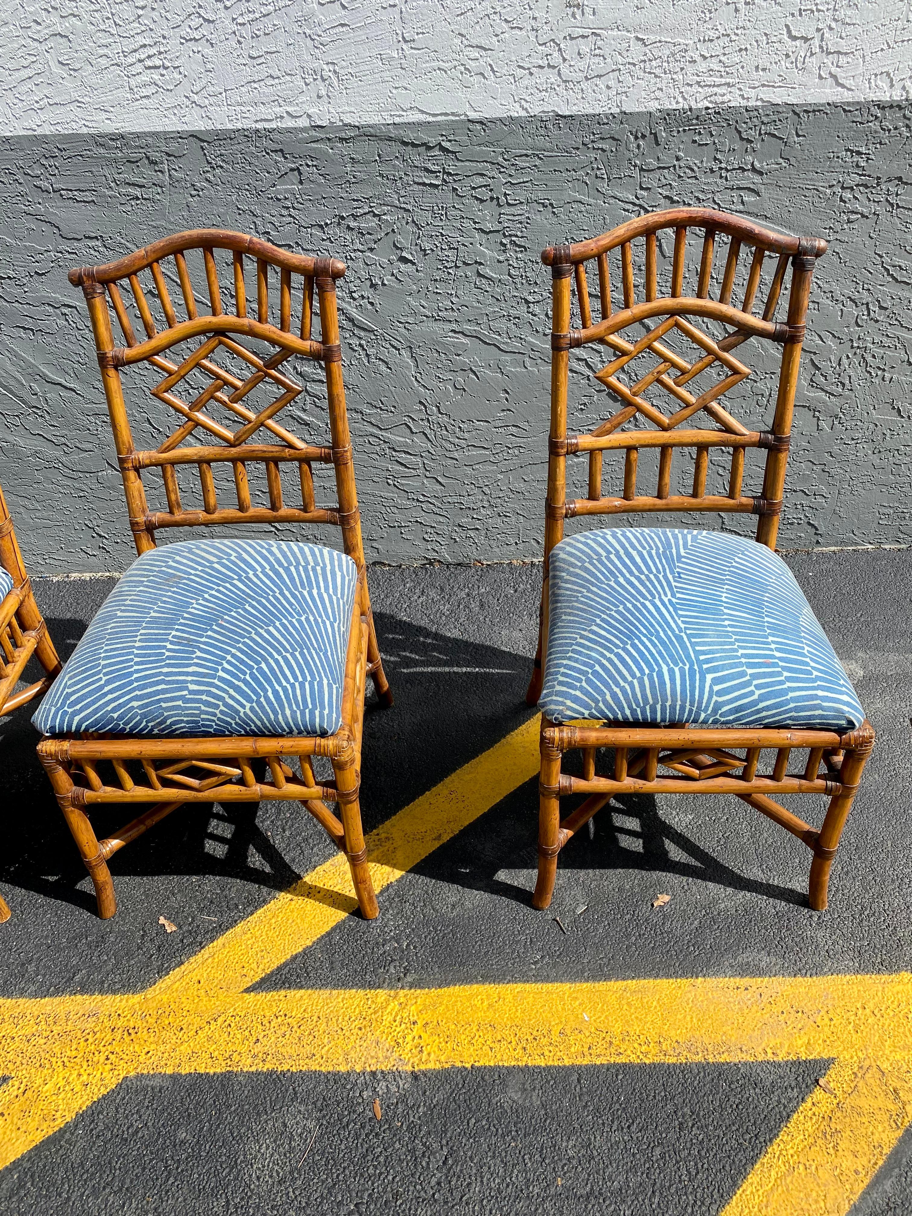 1960s Brighton Rattan Blue and White Chairs, Set of 4 For Sale 2