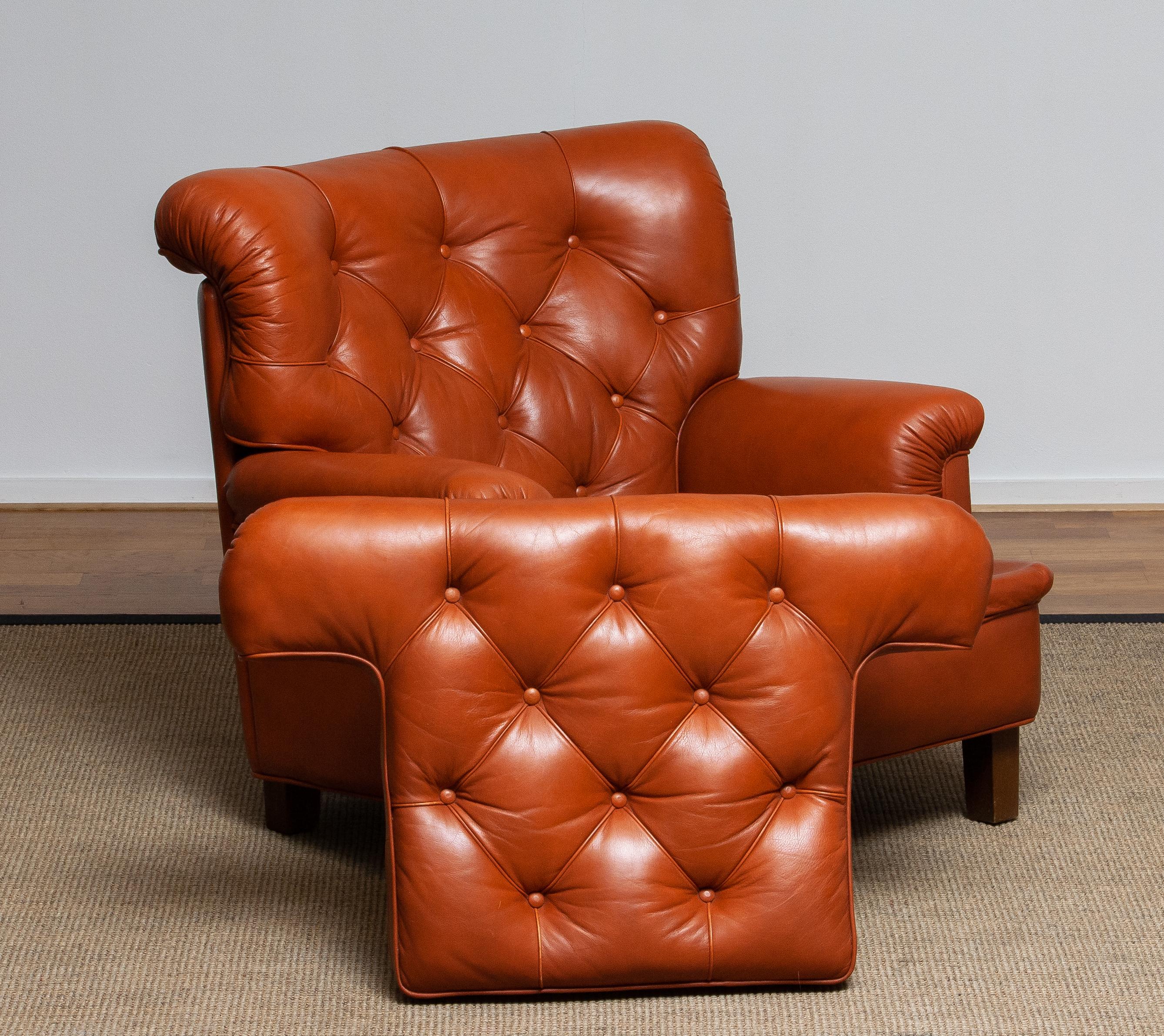 1960s Brique Quilted Leather Armchair by Arne Norell, Model Jupiter 6