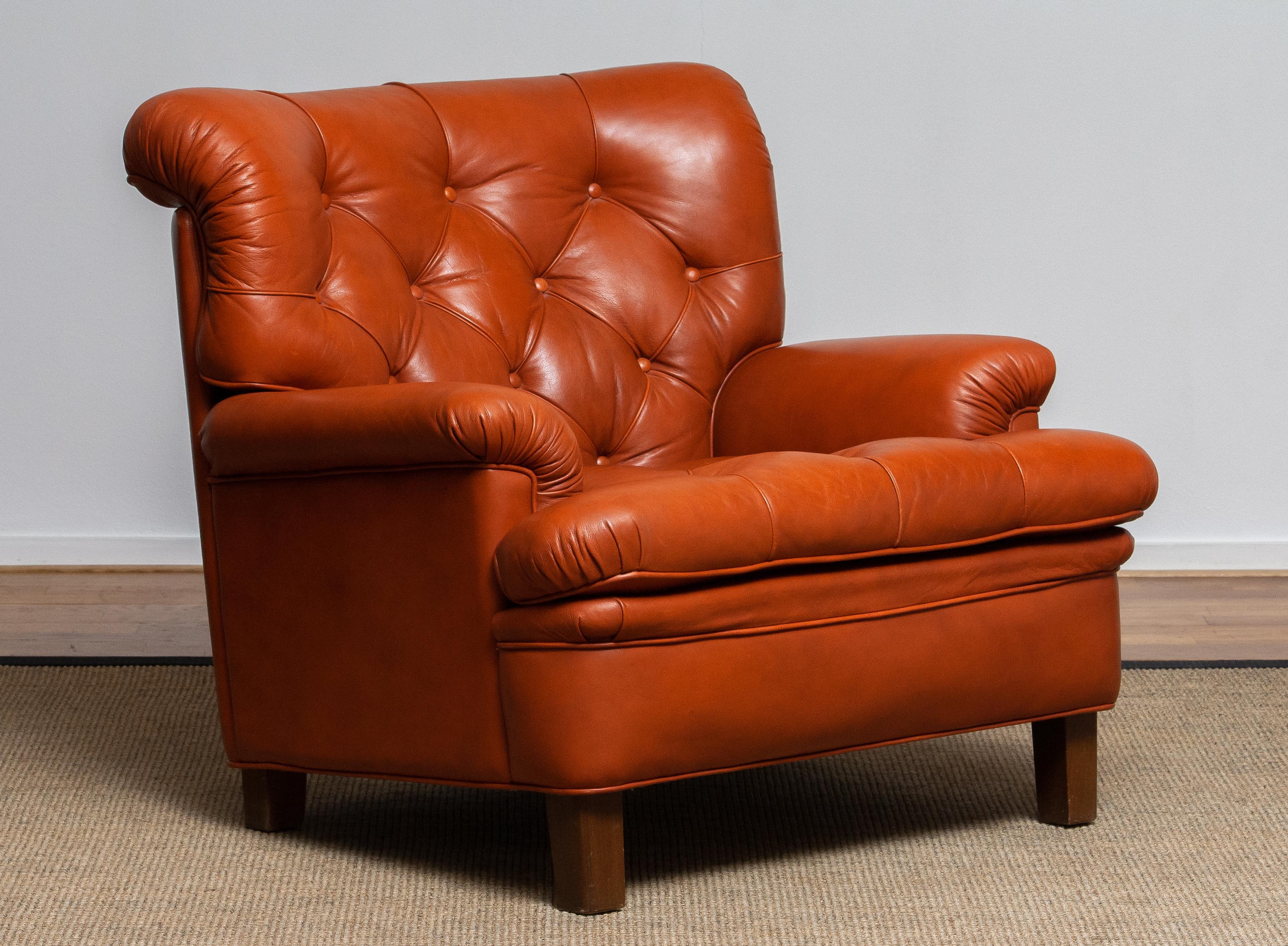 Swedish 1960s Brique Quilted Leather Armchair by Arne Norell, Model Jupiter