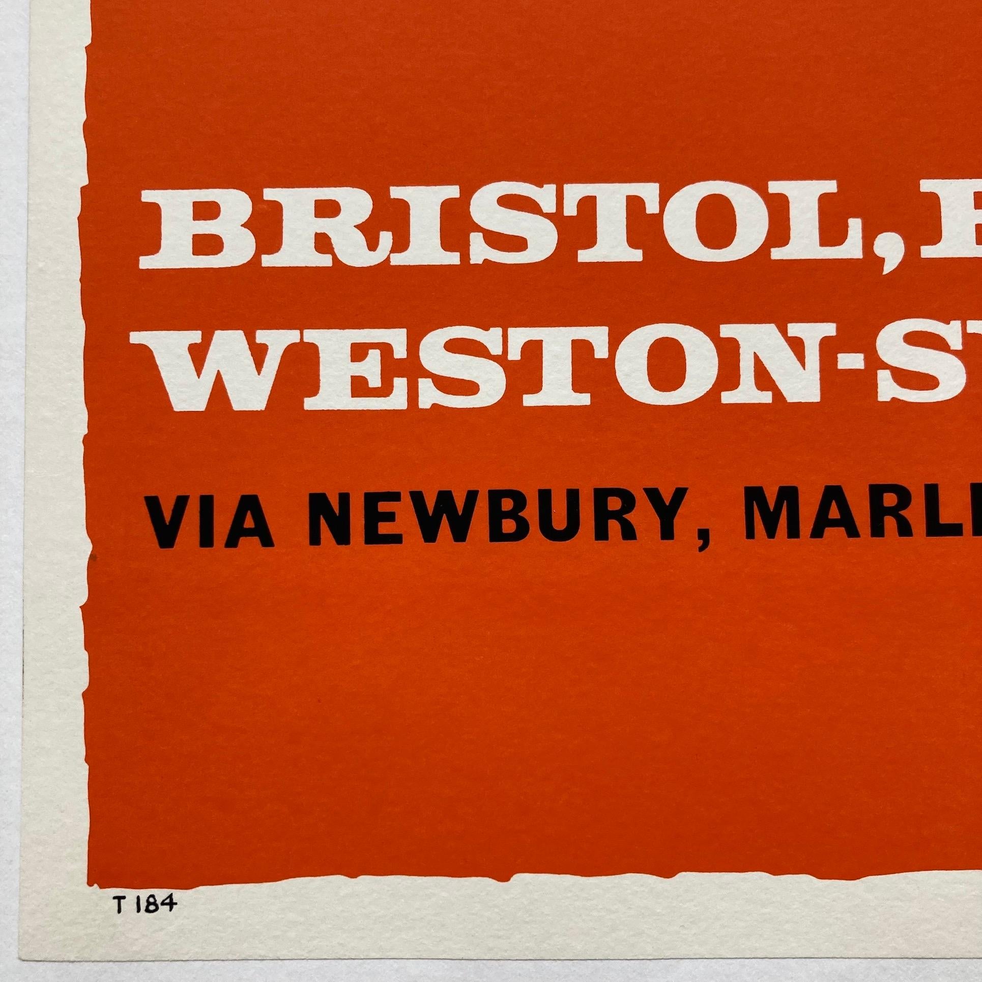 Affiche originale des années 1960 réalisée par Studio Seven pour promouvoir les services d'autocars express de Londres Victoria à Bristol, Bath et Weston-Super-Mare via Newbury, Marlborough et Chippenham. Cette affiche colorée et rare aurait été