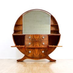 1960s British Art Deco Revival Walnut Vanity Dresser and Mirror
