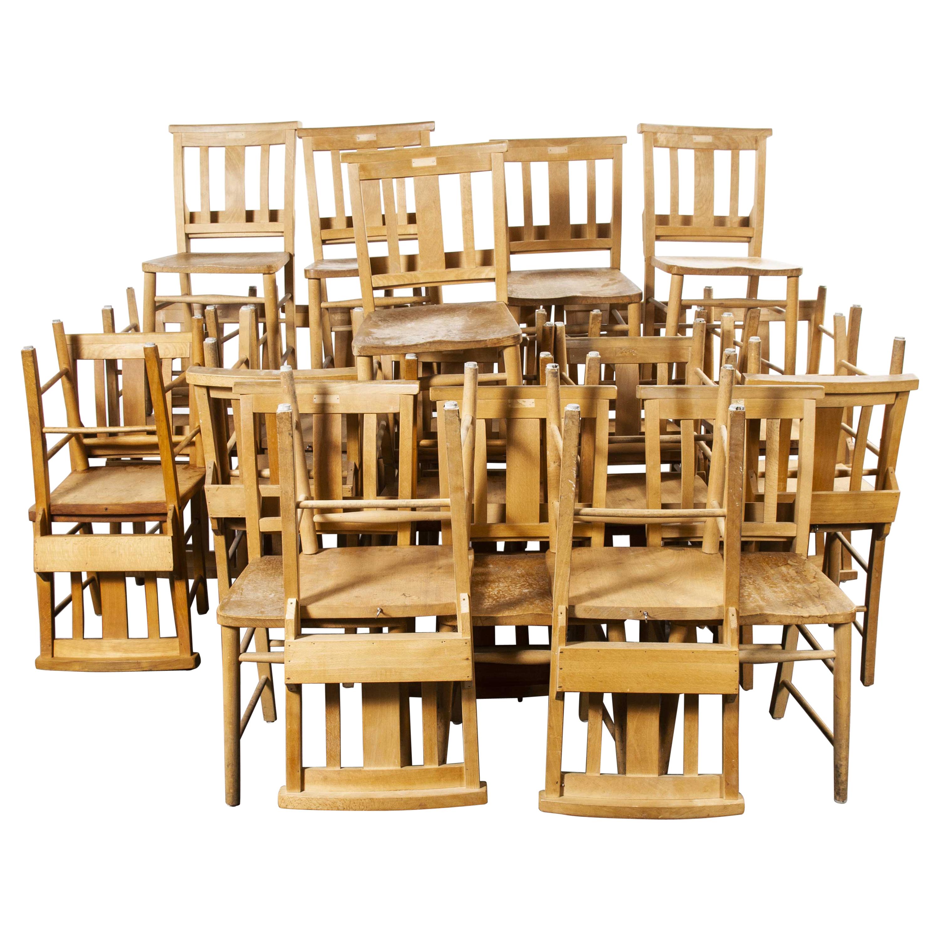 1960s British Beech Church, Chapel Dining Chairs, Pub Lot of Thirty Chairs