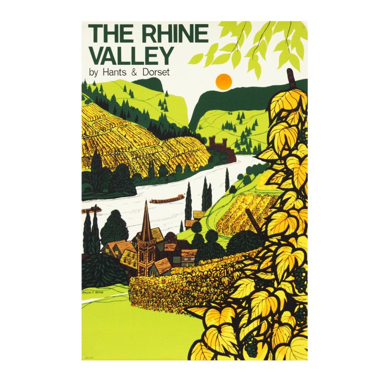 Mid-Century Modern 1960s British Coach Travel Poster German Rhine Valley Landscape For Sale