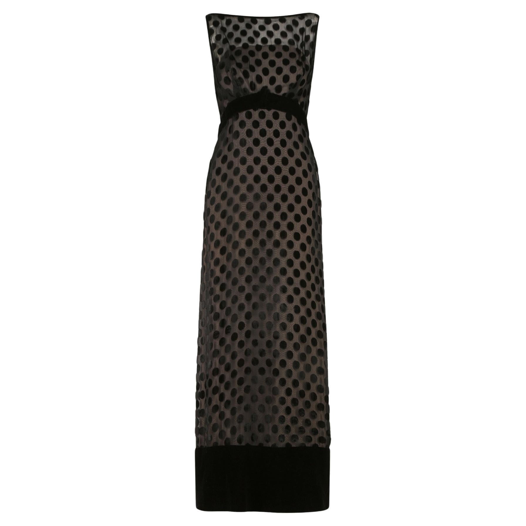 1960
s British Couture Black Silk Velvet Polka Dot Maxi Dress