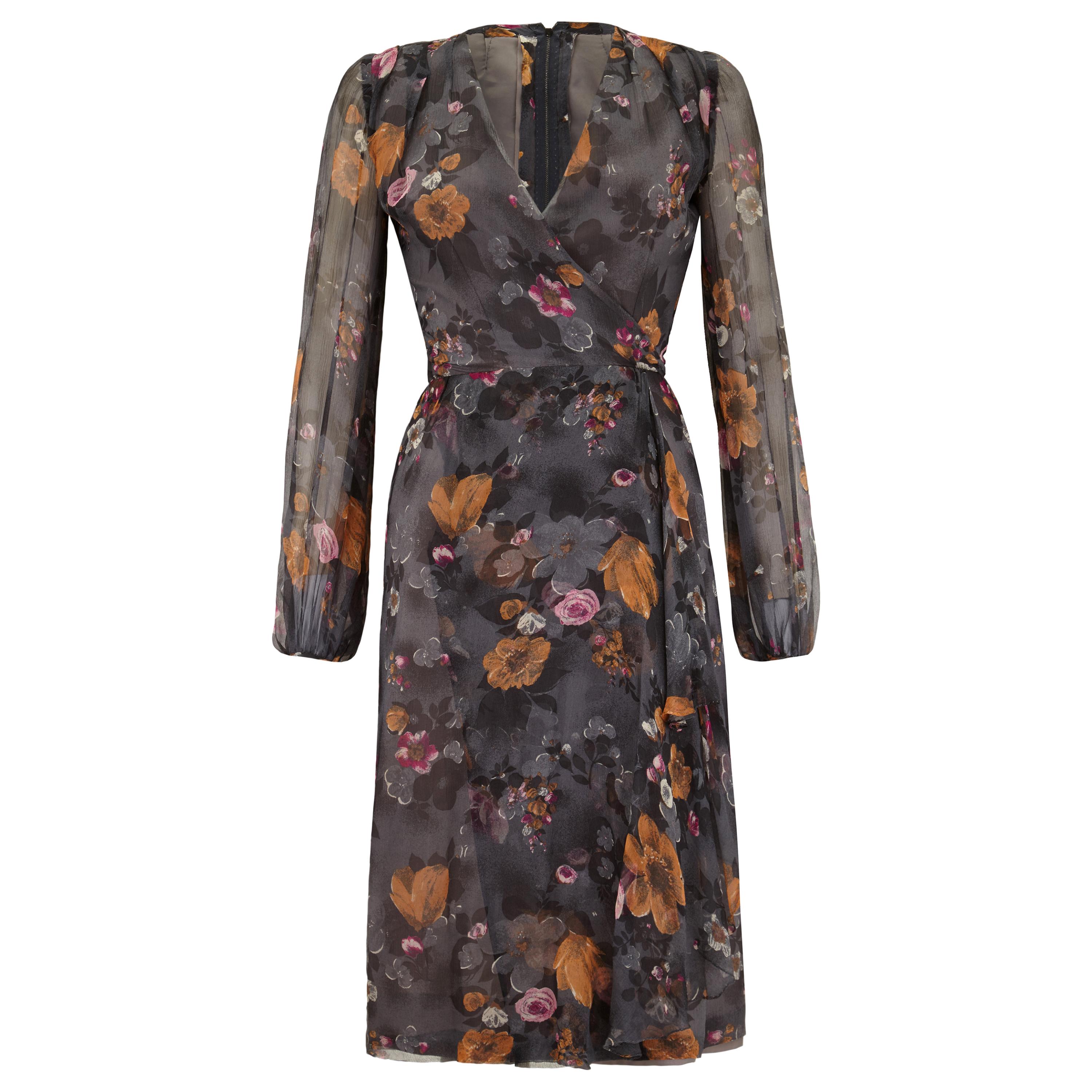 1960er British Couture Graues geblümtes Seiden-Chiffon-Vintage-Kleid 1960er  im Angebot