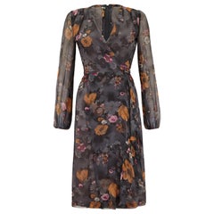 1960s British Couture Grey Floral Silk Chiffon Vintage Dress