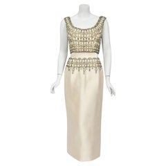 1960's British Crown Colony Beaded Rhinestone Ivory Silk Crop Top Hourglass Gown