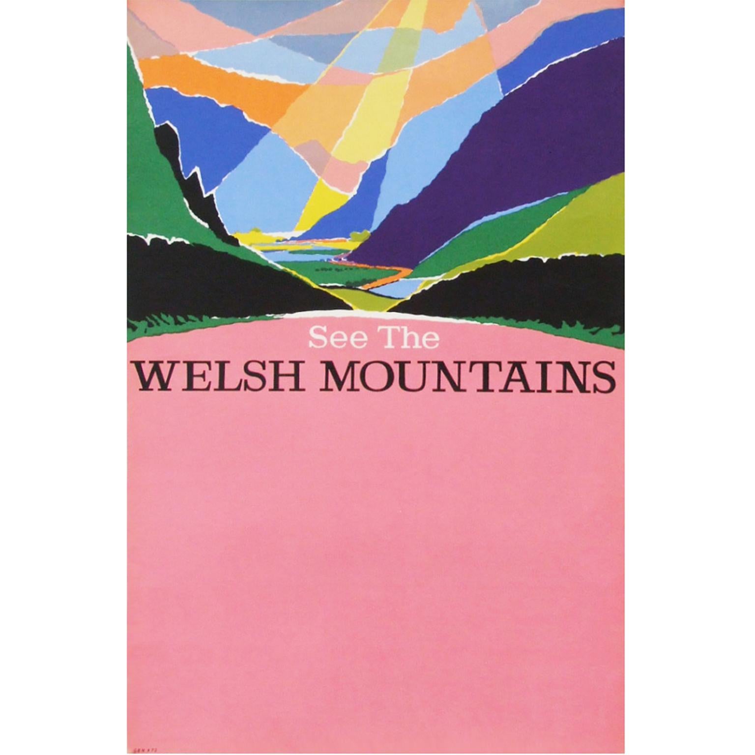 Mid-Century Modern 1960s British Transport Welsh Mountains Travel Poster Wales Landscape Art Pink