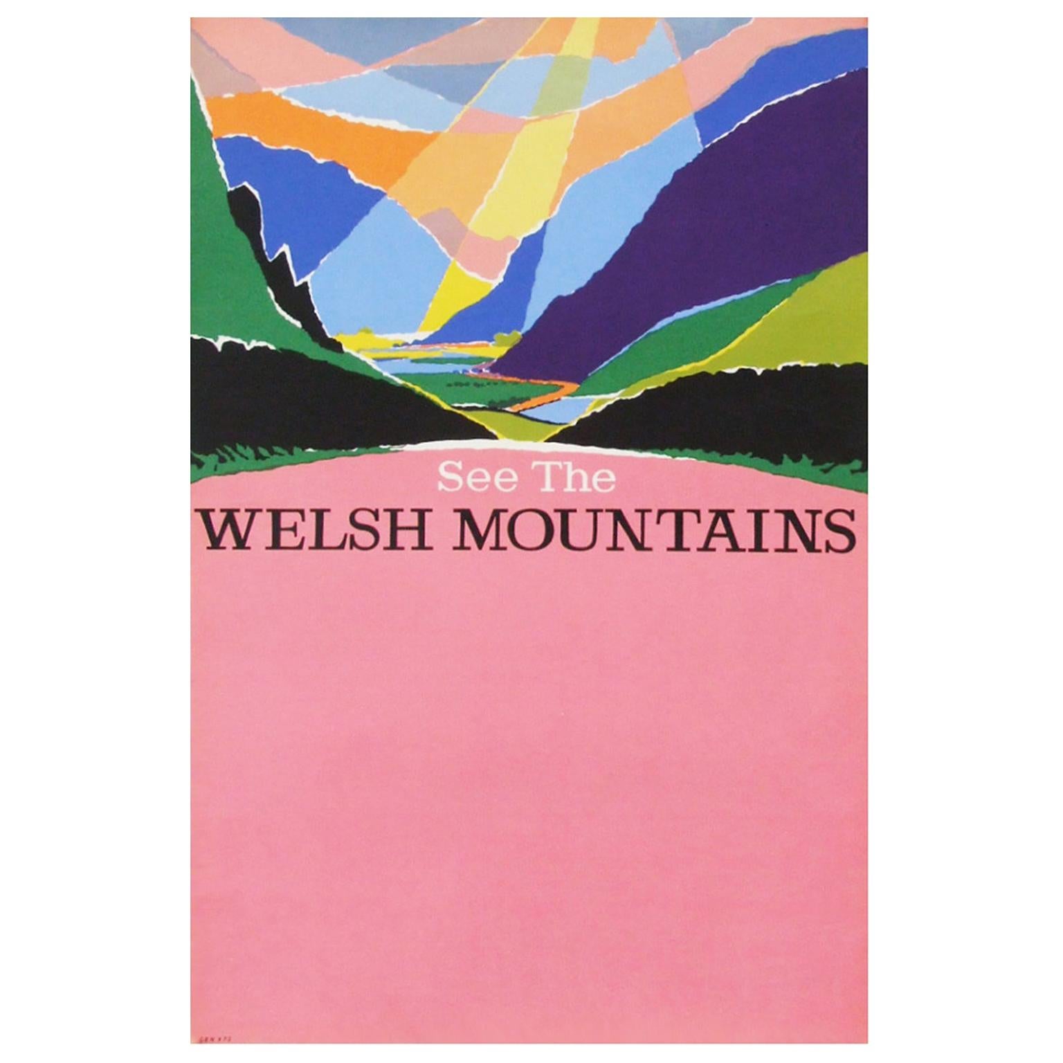 1960s British Transport Welsh Mountains Travel Poster Wales Landscape Art Pink