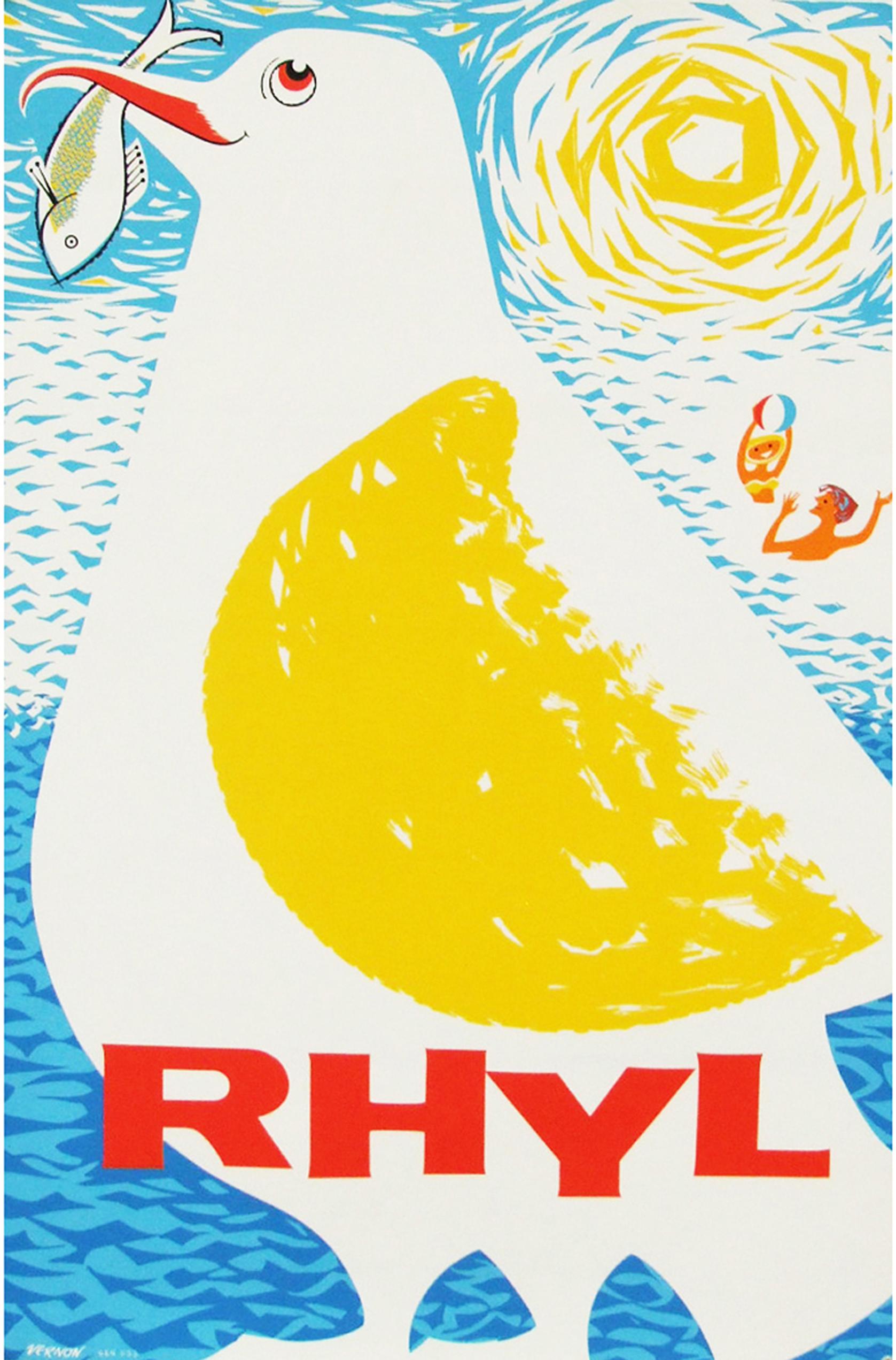 1960s promotional travel poster for Rhyl, Wales designed by Vernon, UK. Rolled.

Measures: L 76cm x W 50.5cm.