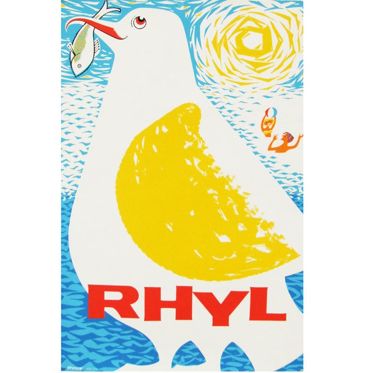 Mid-Century Modern 1960s British Wales Rhyl Travel Poster Bird Seagull Design For Sale