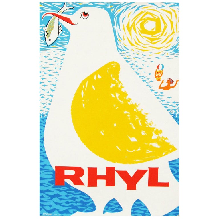 1960s British Wales Rhyl Travel Poster Bird Seagull Design For Sale